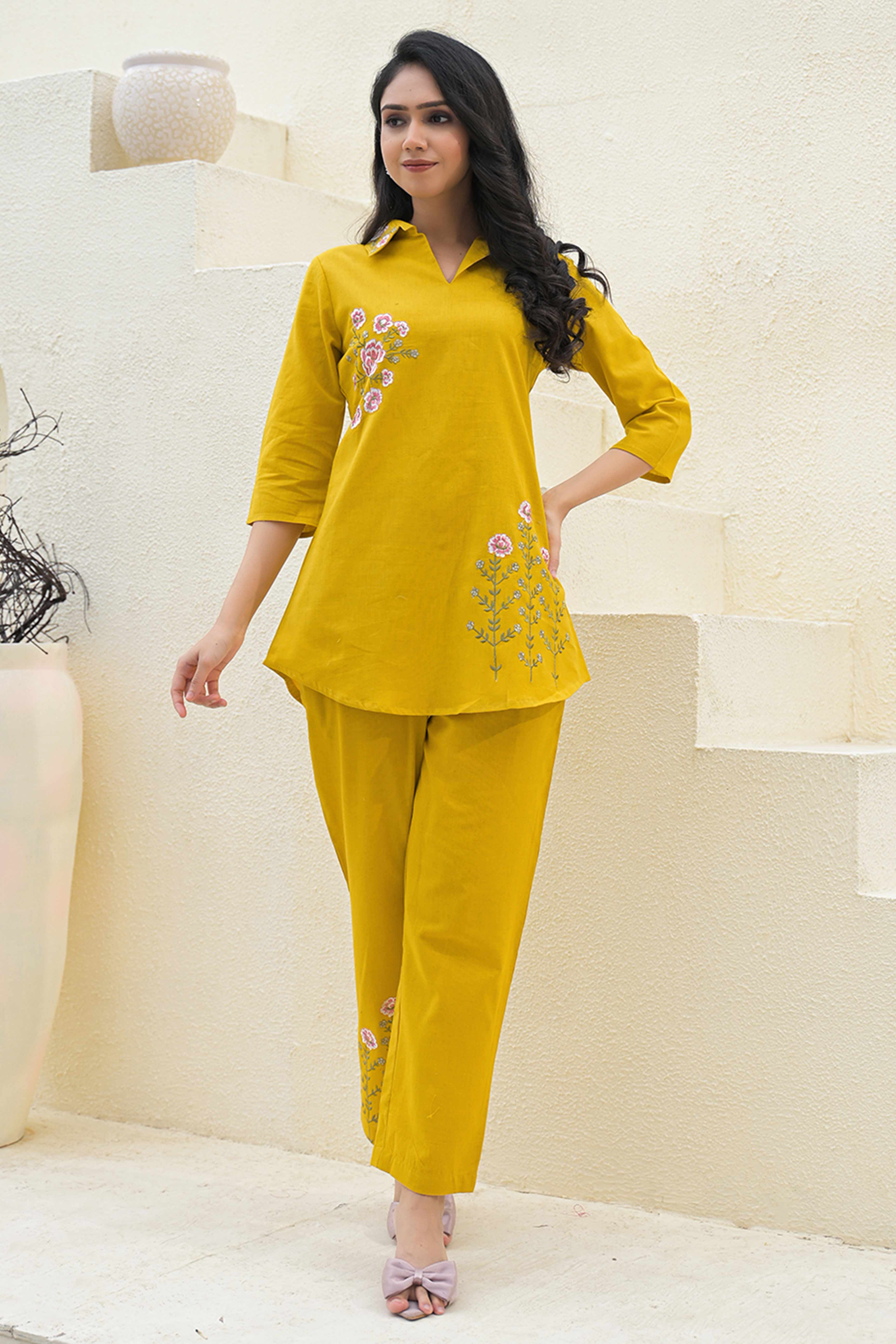 Chic Mustard Pure Cotton Co-Ord Set with Collar Neck and Delicate Floral Embroidery