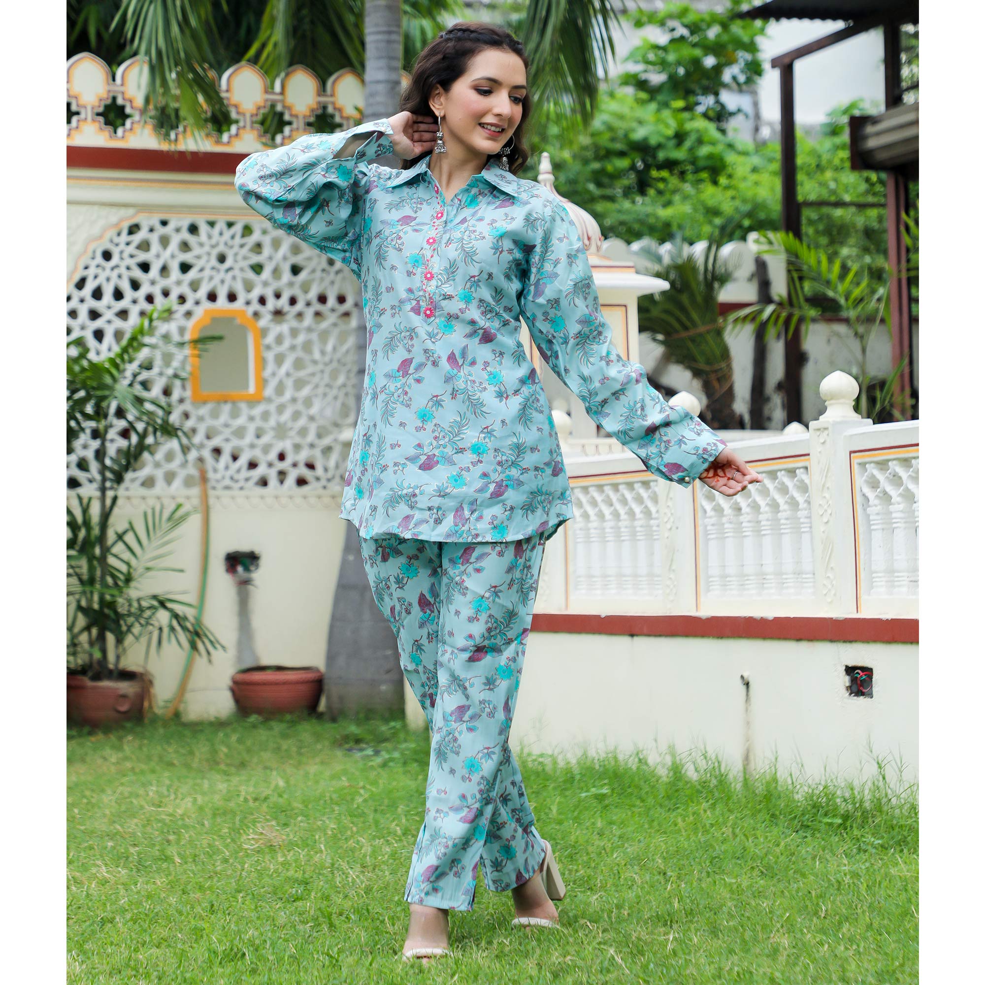 Blue Floral Printed Modal Co Ord Set