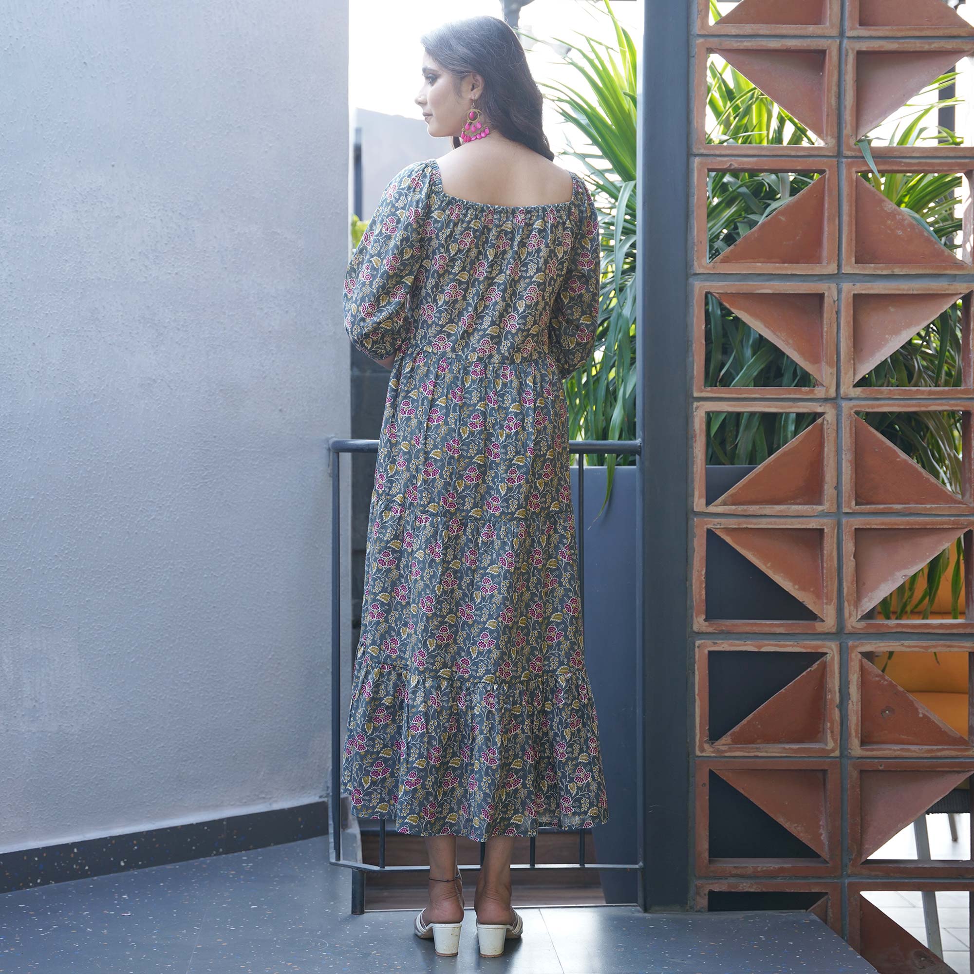 Grey Floral Printed Pure Cotton Dress