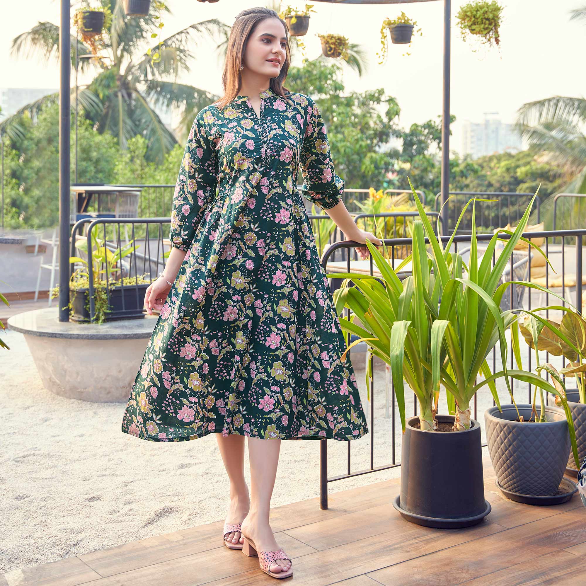 Dark Bottle Green Floral Printed Pure Cotton Dress
