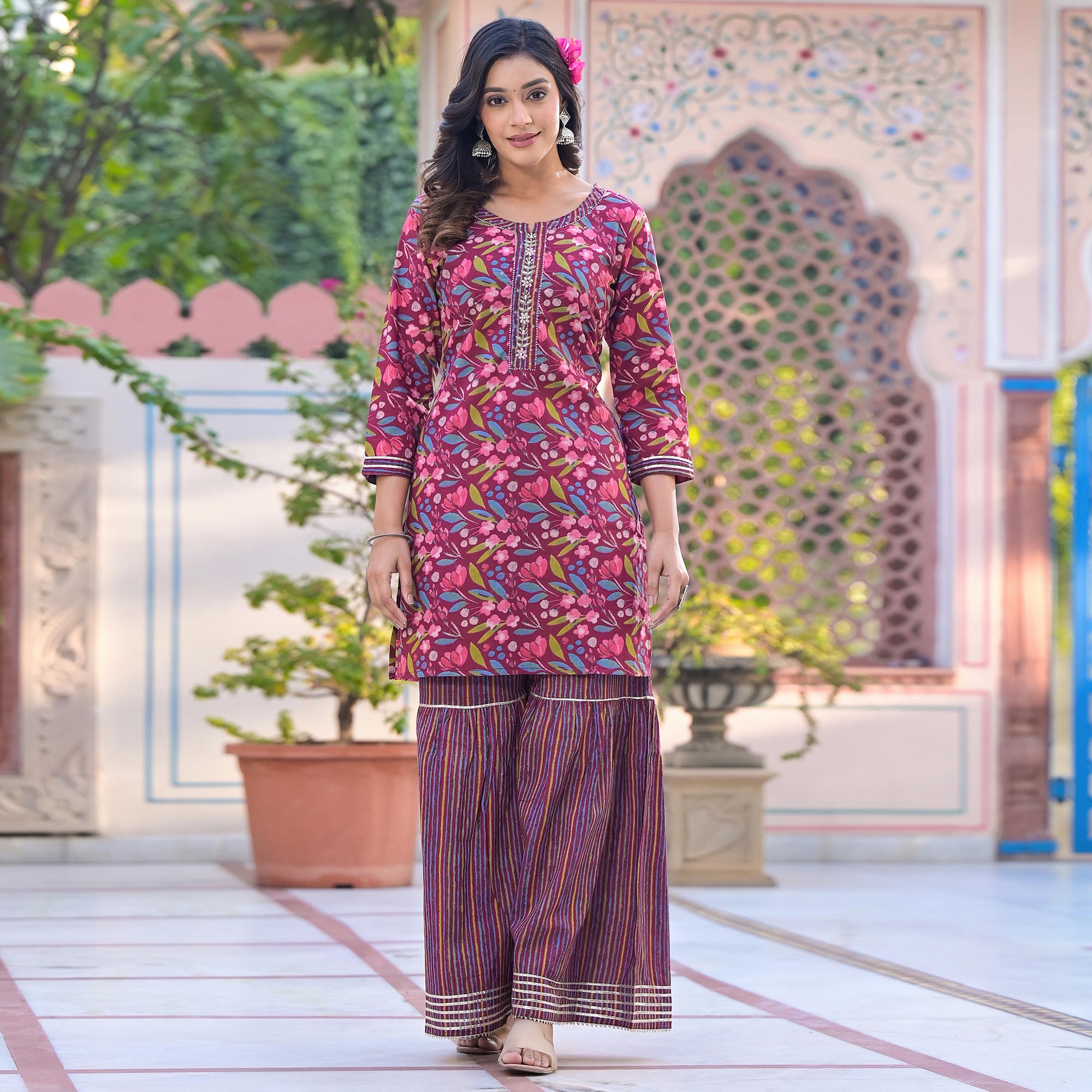 Wine Floral Printed Pure Cotton Sharara Suit