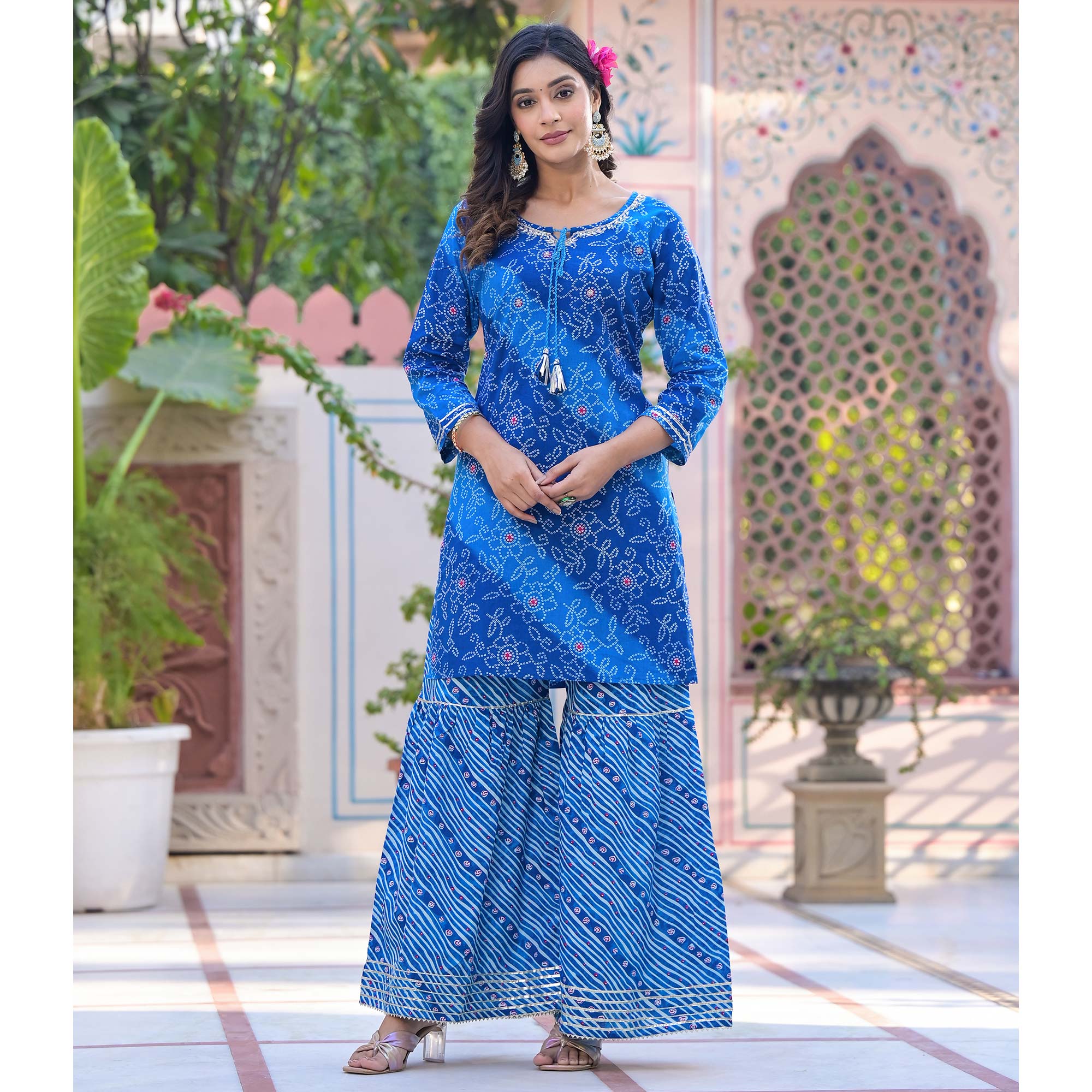Blue Bandhani Printed Pure Cotton Sharara Suit