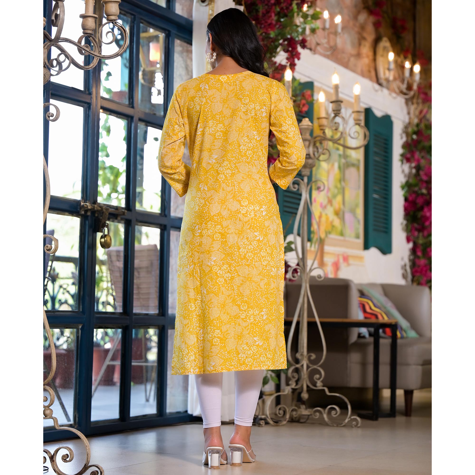 Yellow Floral Printed Pure Cotton Straight Kurti