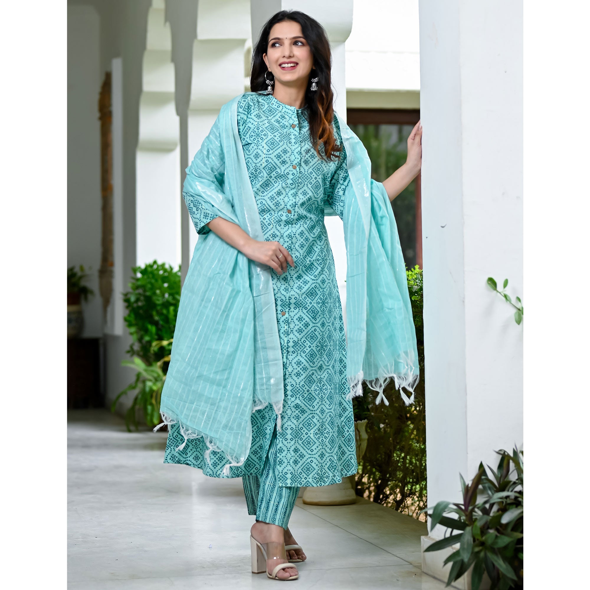 Turquoise Bandhani Printed Pure Cotton A Line Suit