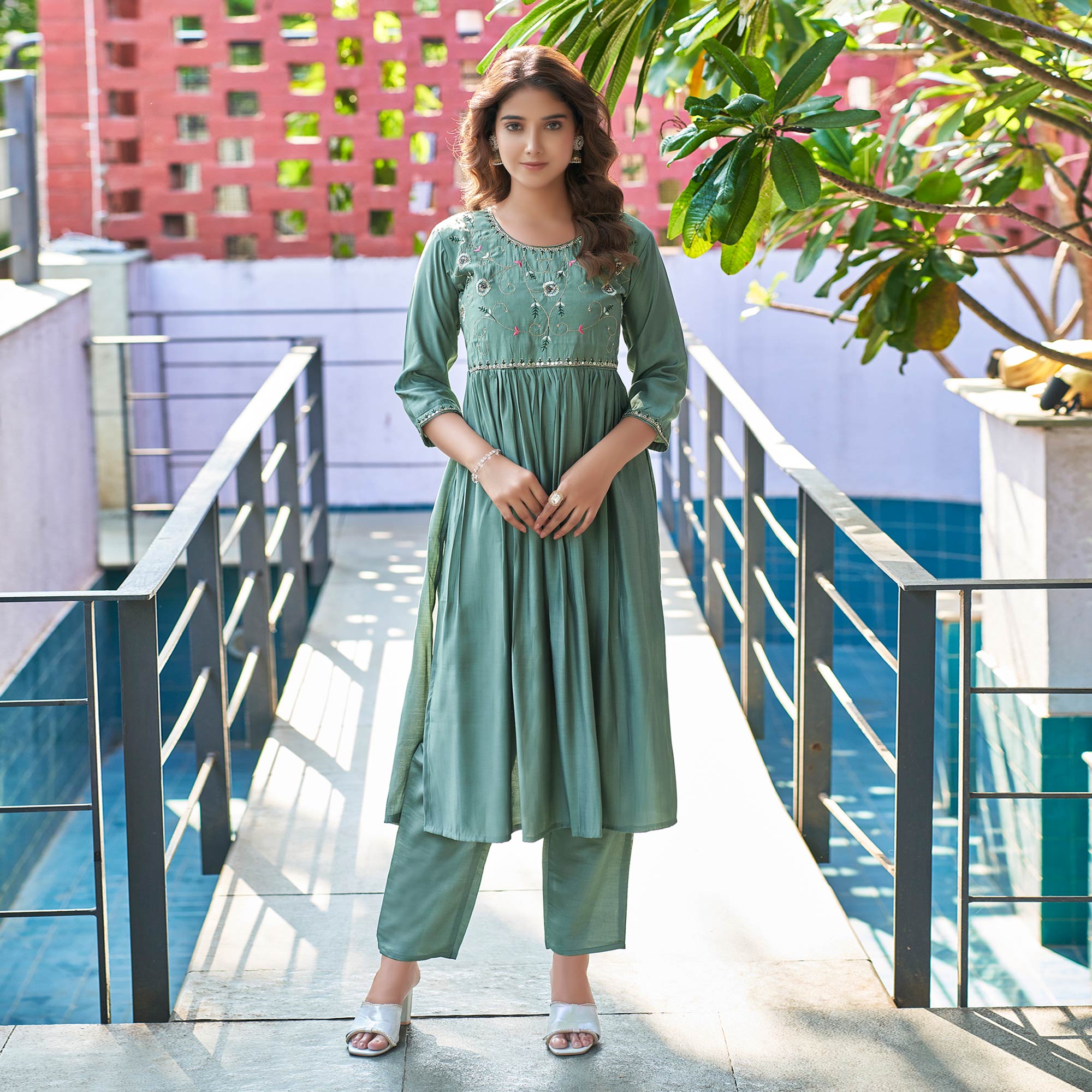 Green Floral Embroidered Pure Silk Suit