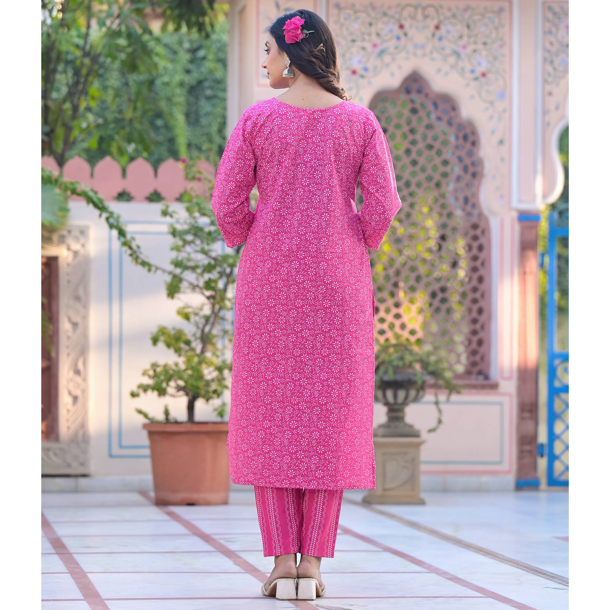 Pink Printed Pure Cotton Straight Kurti Sets
