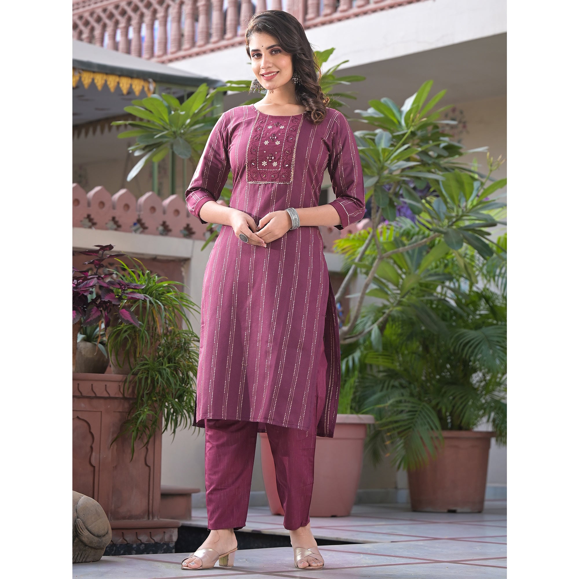 Wine Woven Pure Cotton Straight Salwar Suit