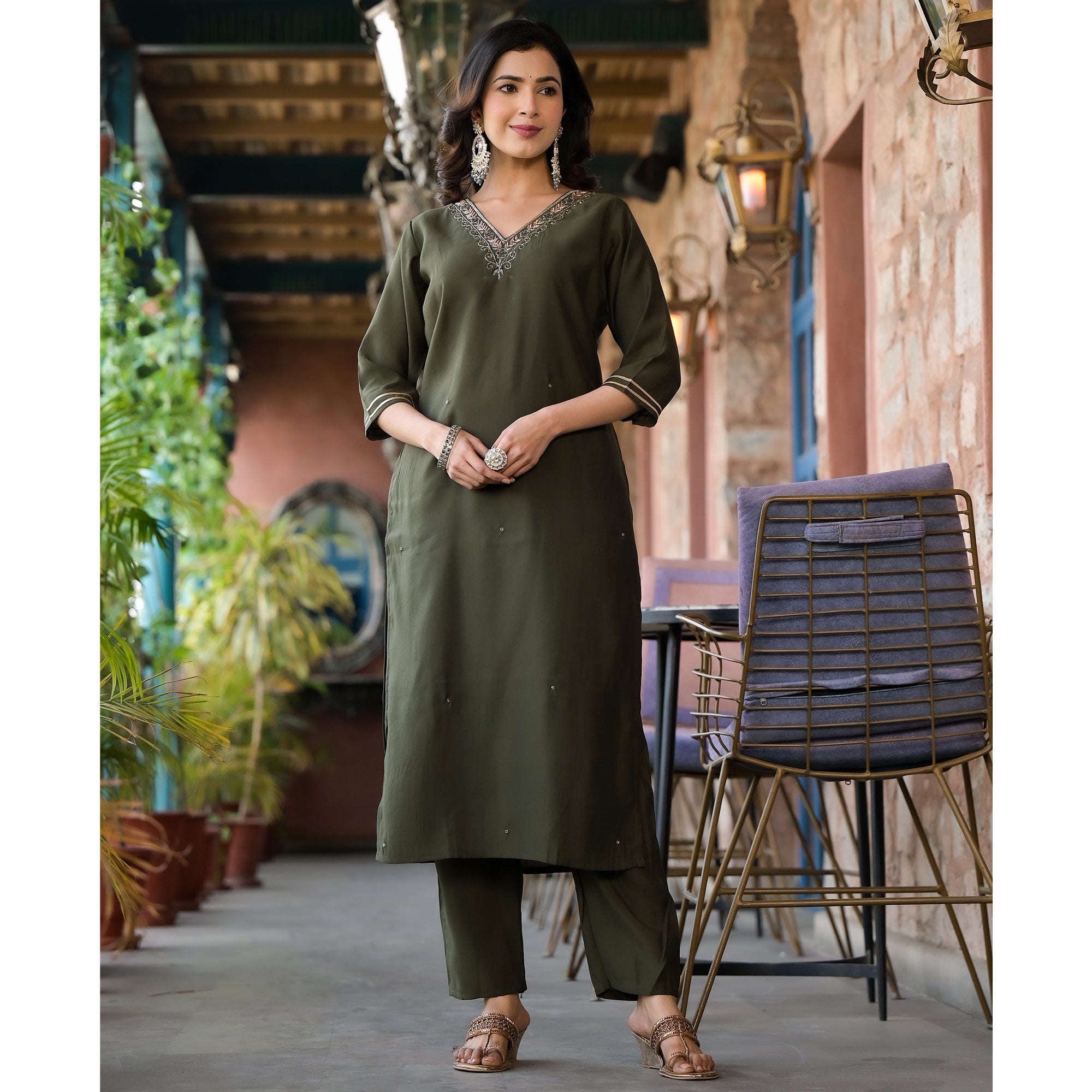 Olive Green Embroidered Pure Silk Salwar Suit With Handcrafted