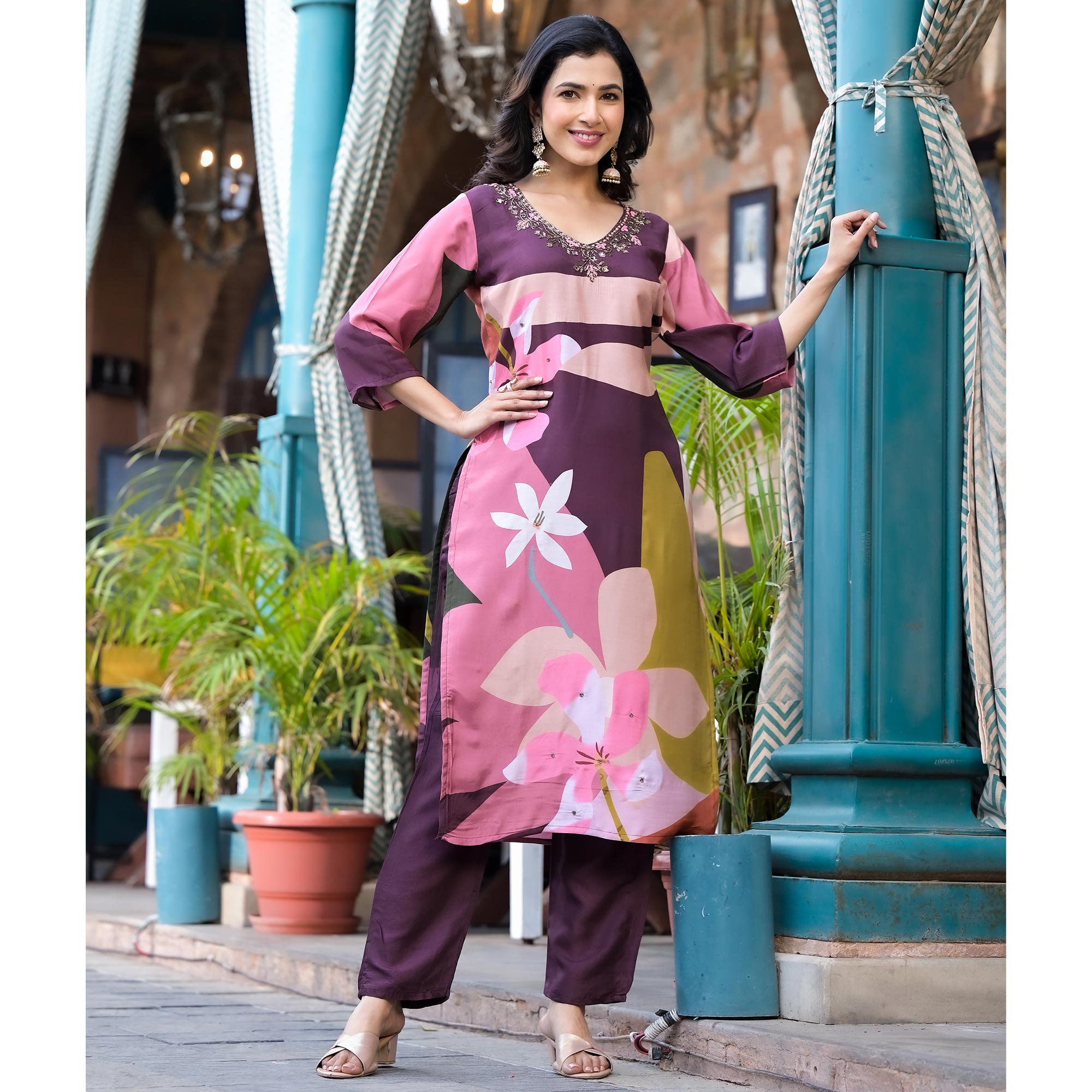 Purple Floral Printed Viscose Salwar Suit With Beads Work