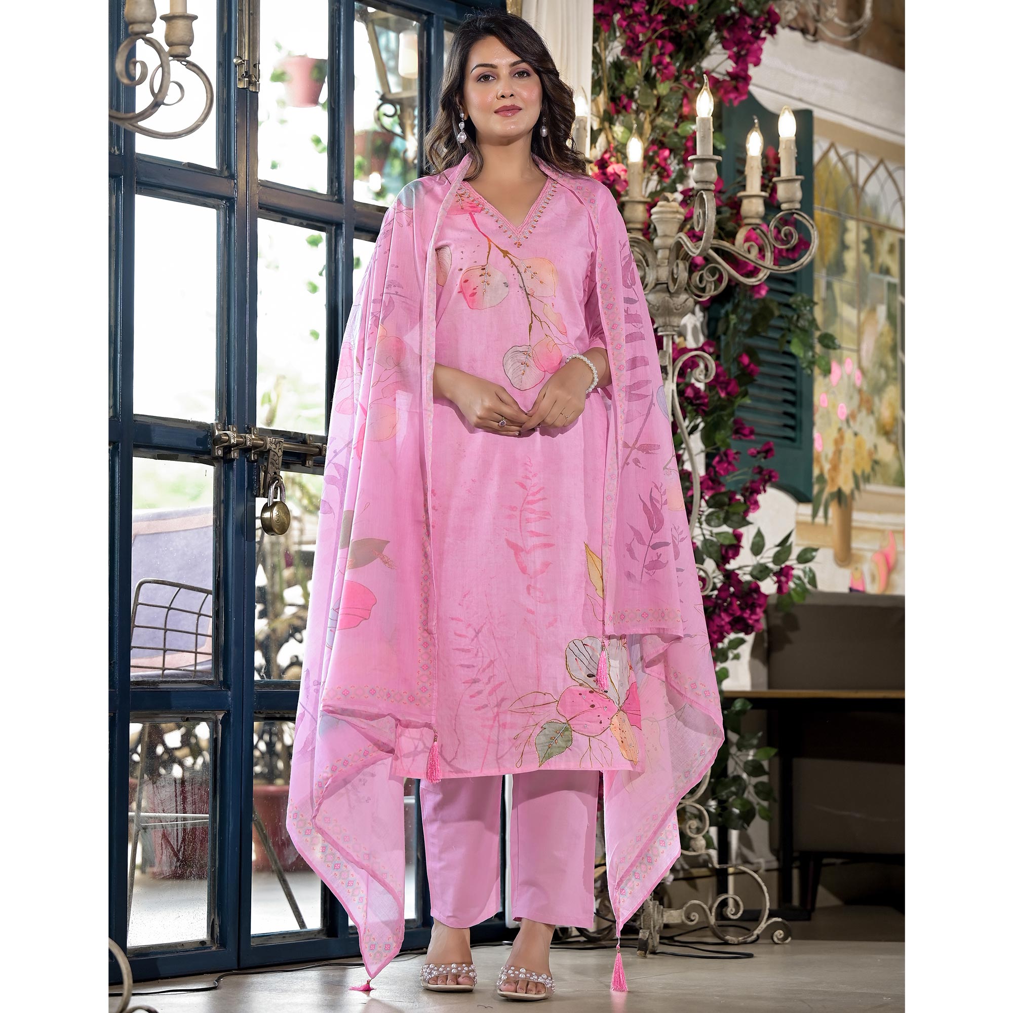 Pink Floral Printed With Embroidered Cambric Cotton Salwar Suit