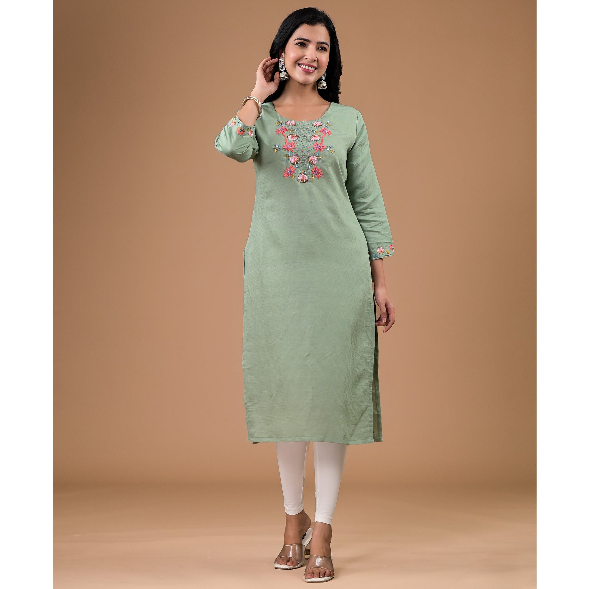Mint Green Yoke Embroidered Viscose Straight Kurti