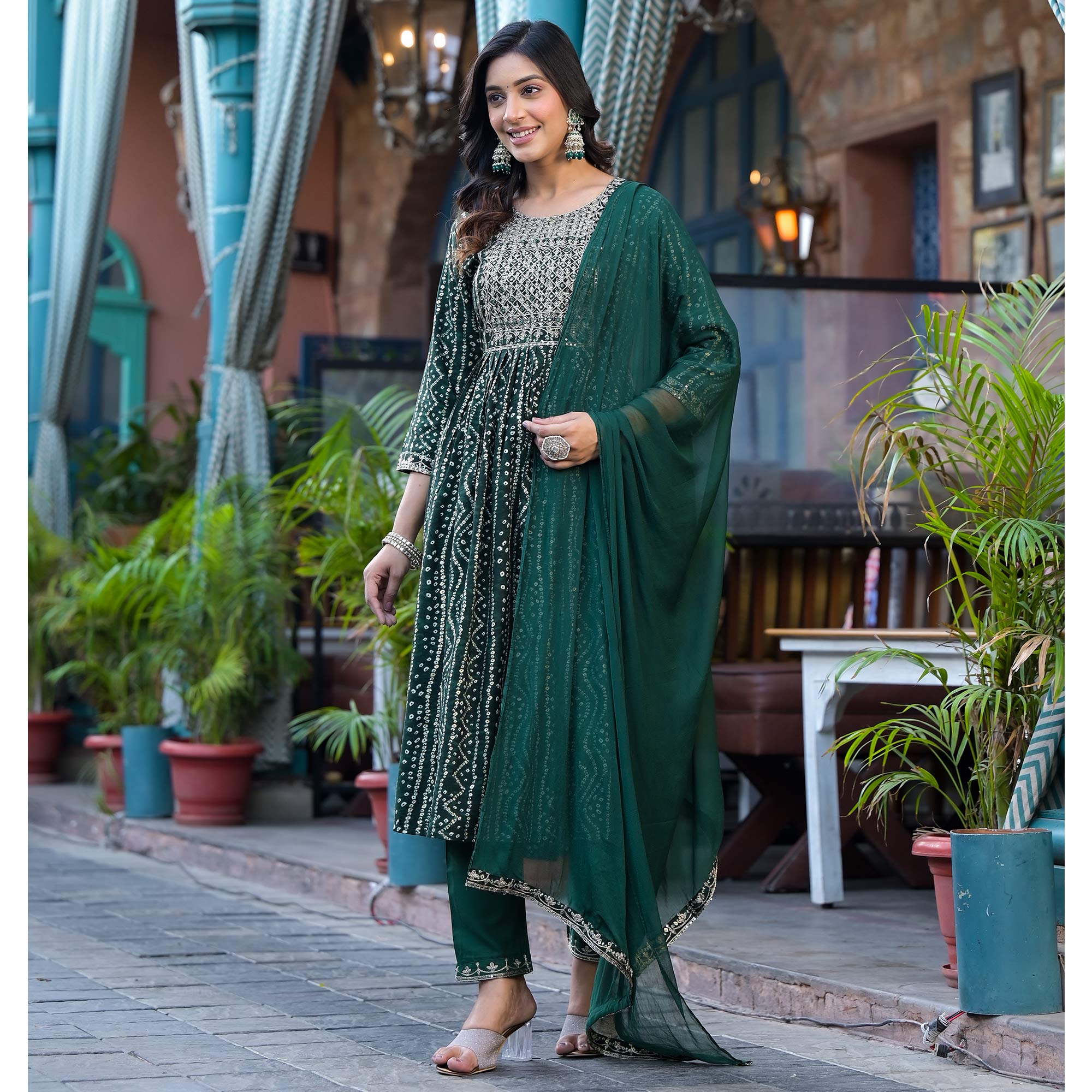Green Bandhani Printed Naira Cut Rayon Salwar Suit