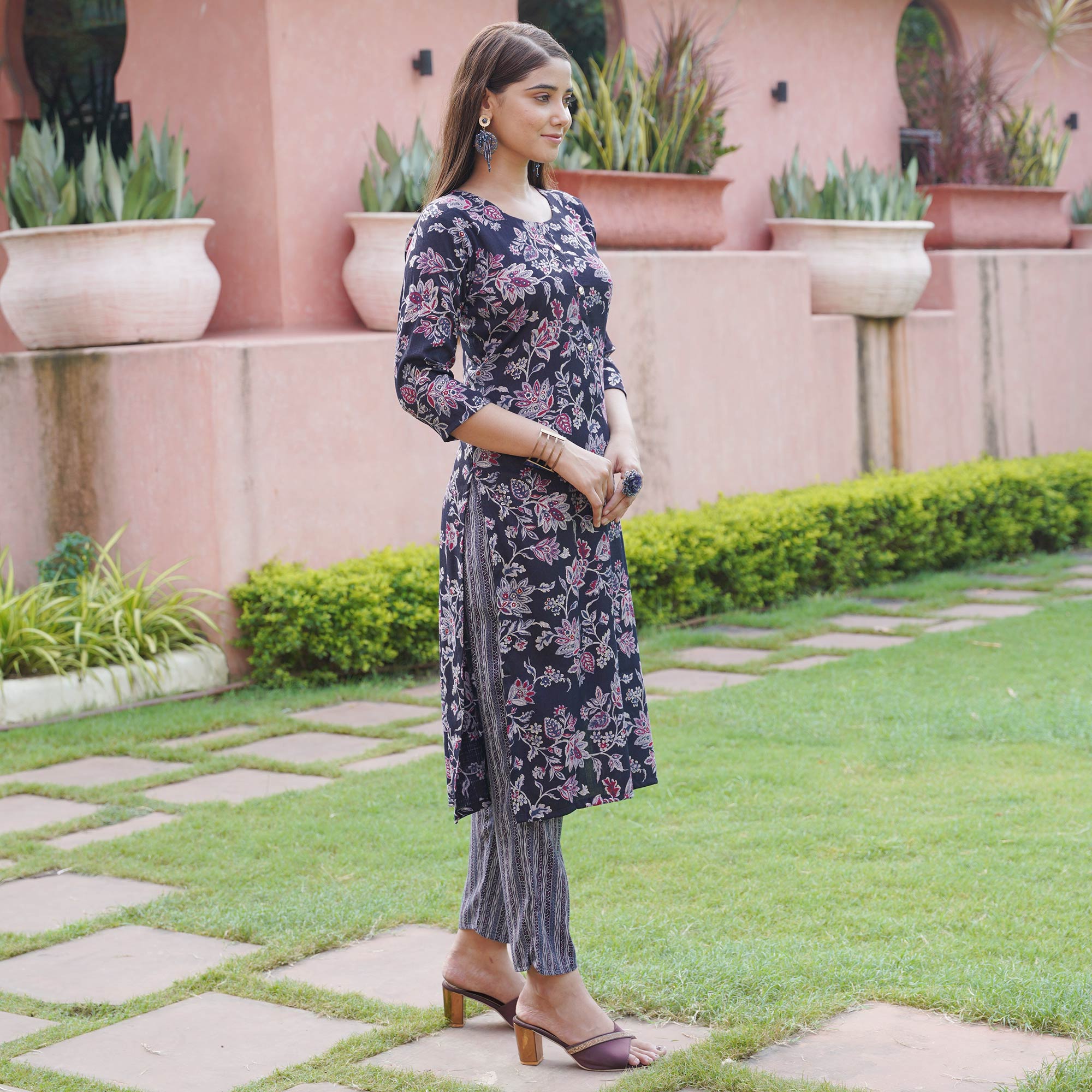 Navy Blue Floral Foil Printed Rayon Suit