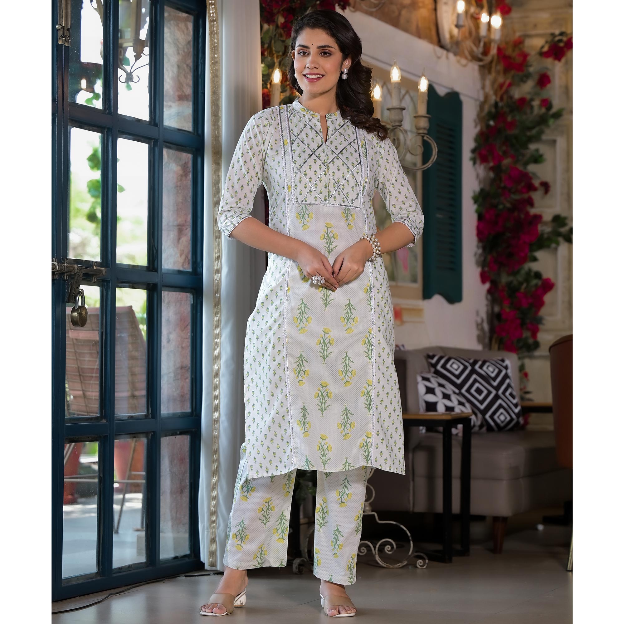 White & Lemon Yellow Floral Printed Pure Cotton Salwar Suit