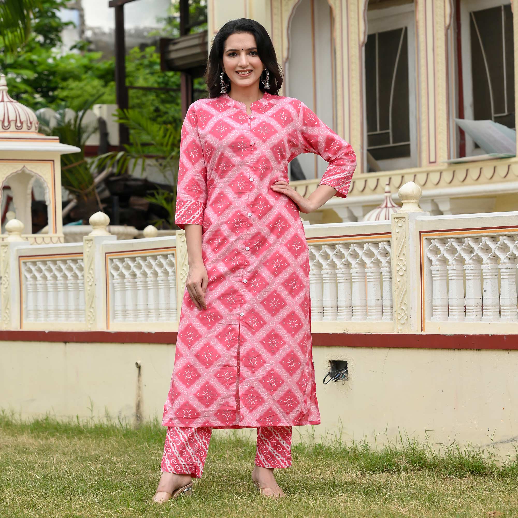 Pink Geometric Printed Pure Cotton Suit