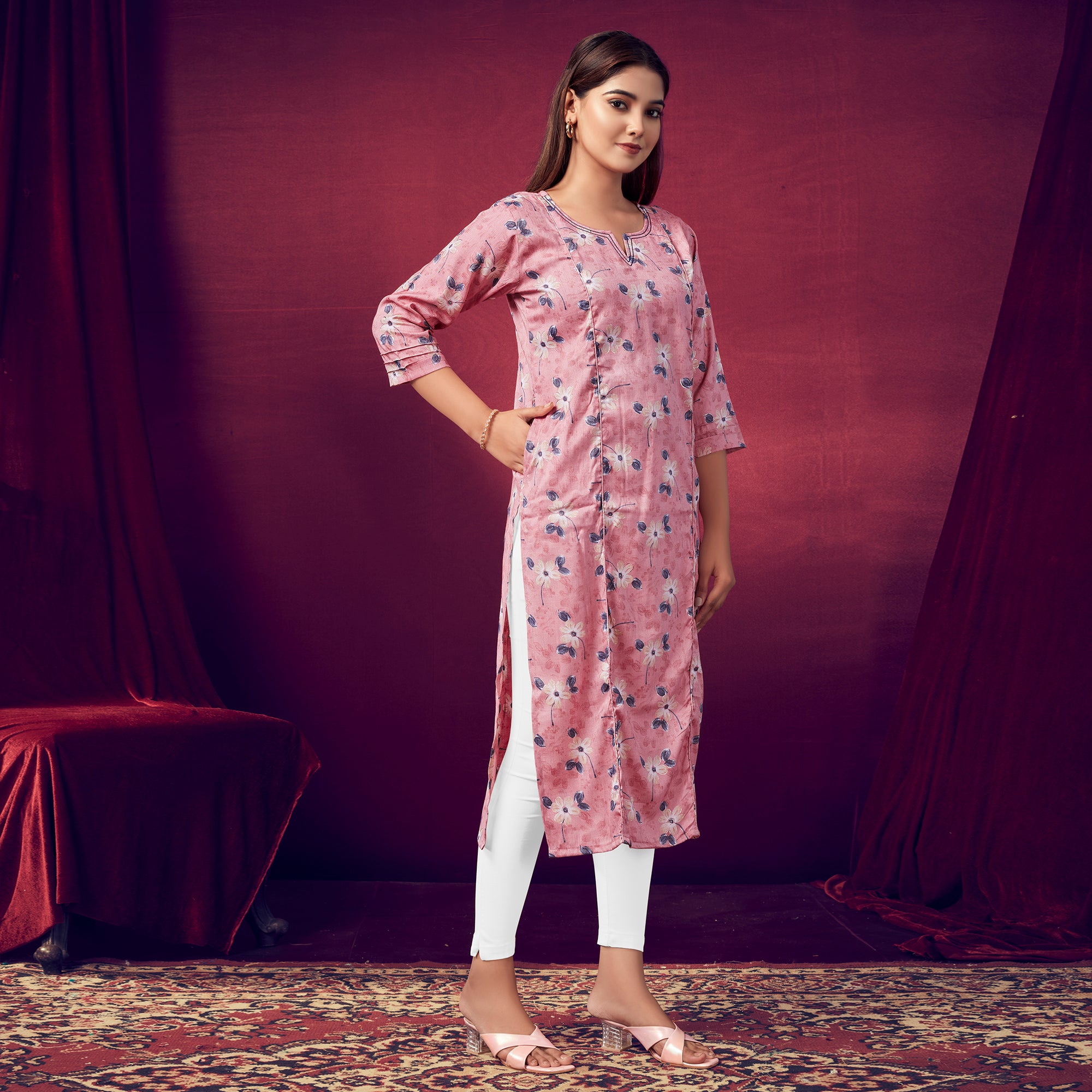 Pink Floral Foil Printed Rayon Kurti