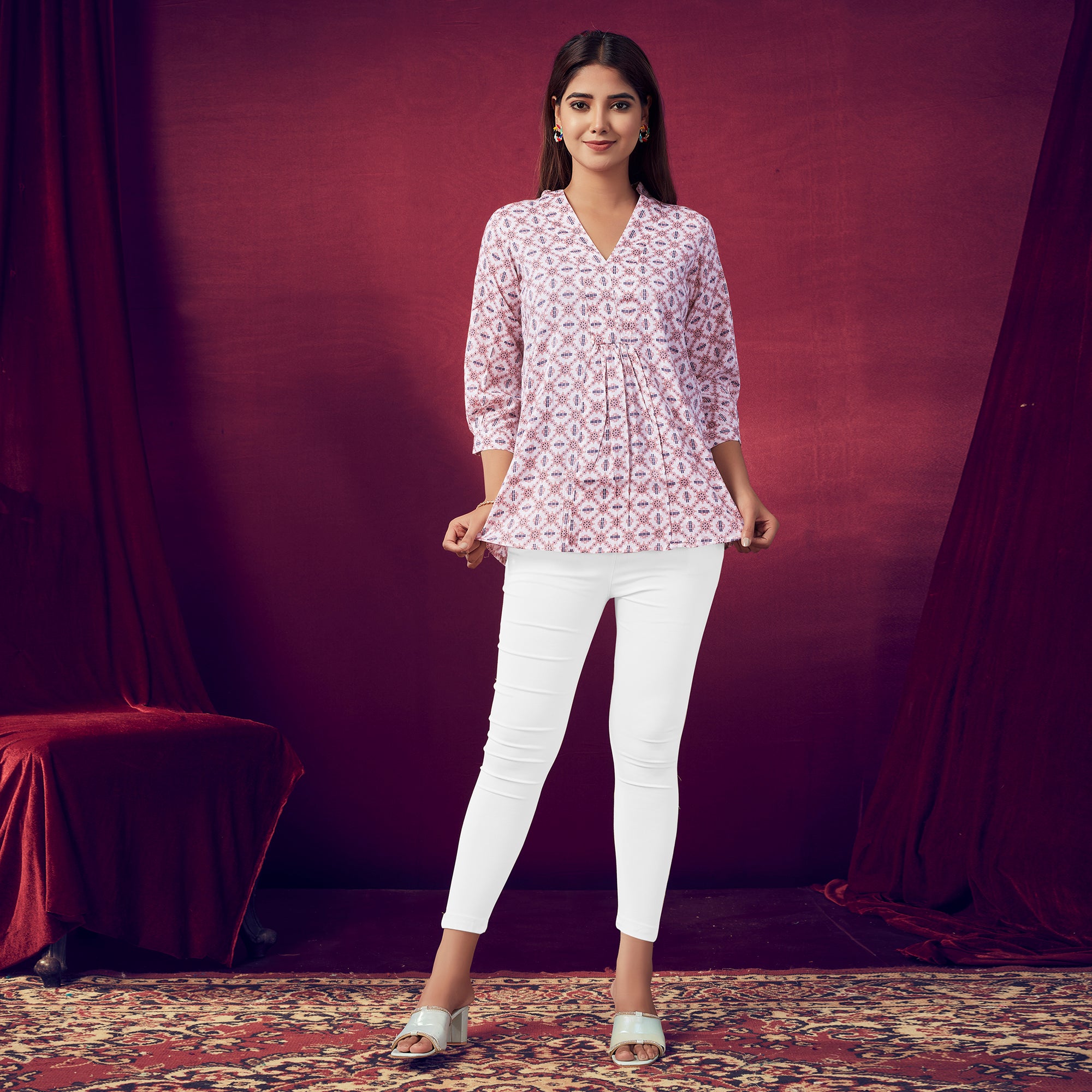 White & Peach Printed V-Neck Rayon Top