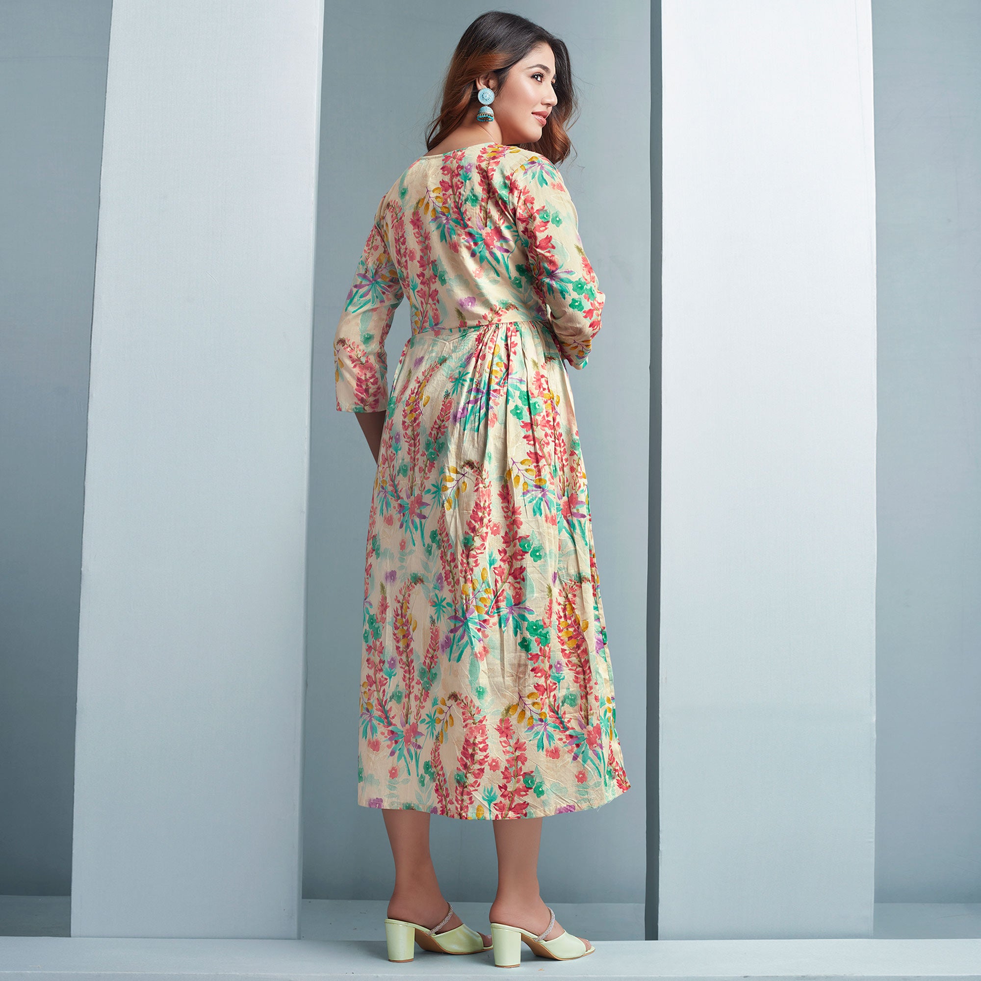 Off White Floral Printed Mulmul Cotton Dress