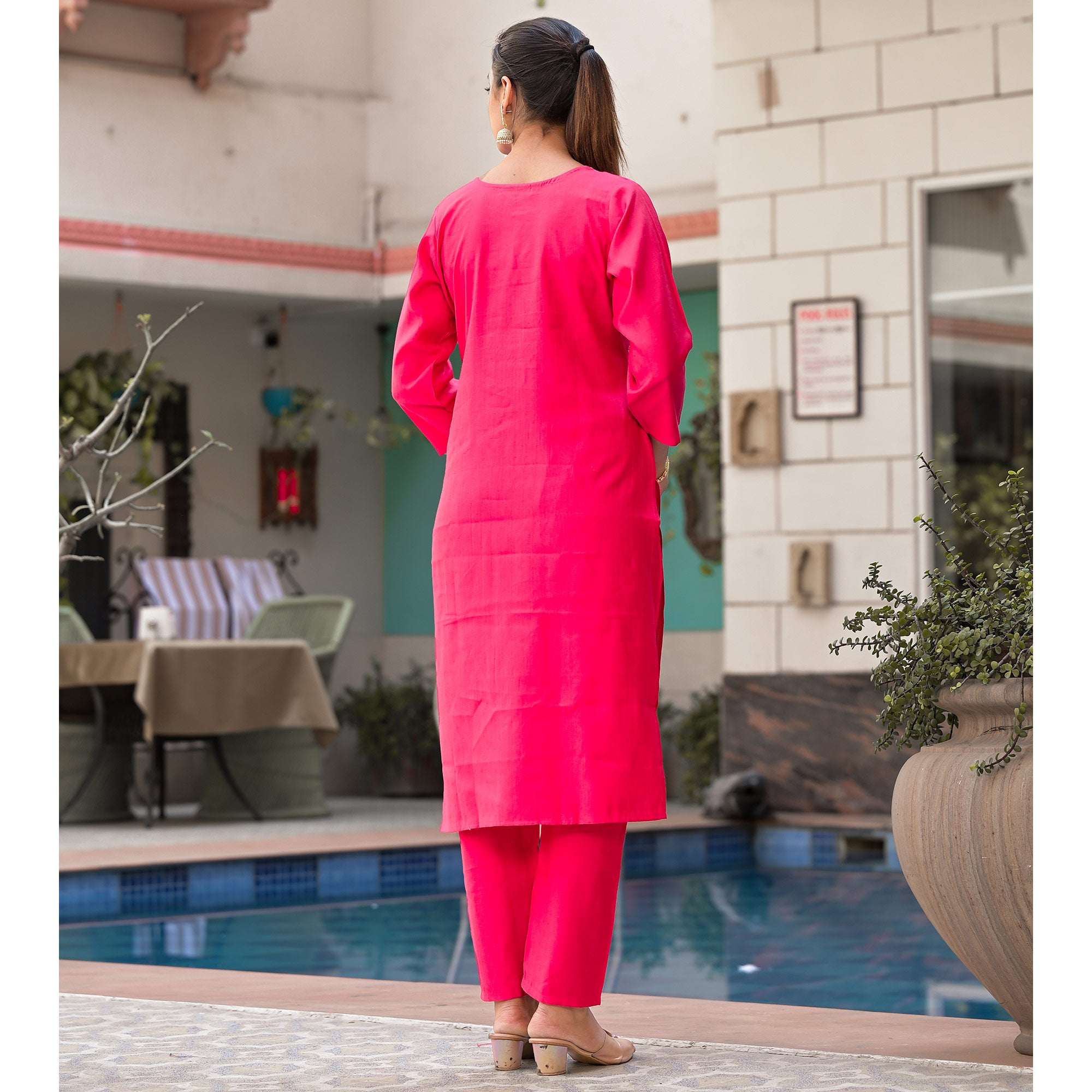Pink Embroidered Viscose Straight Kurti Sets