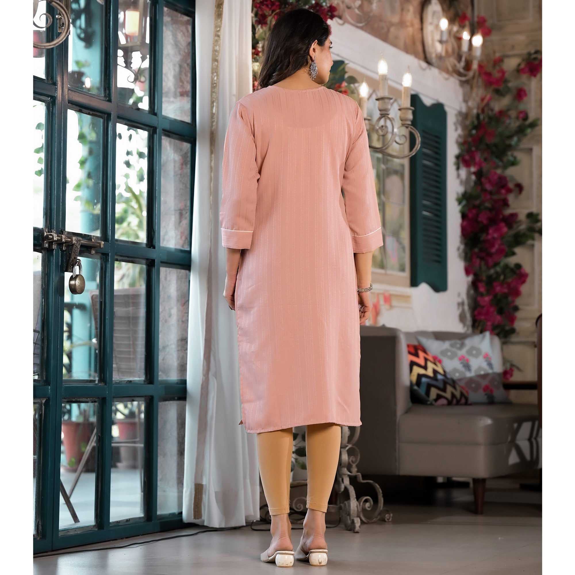 Peach Striped Embroidered Rayon Straight Kurti