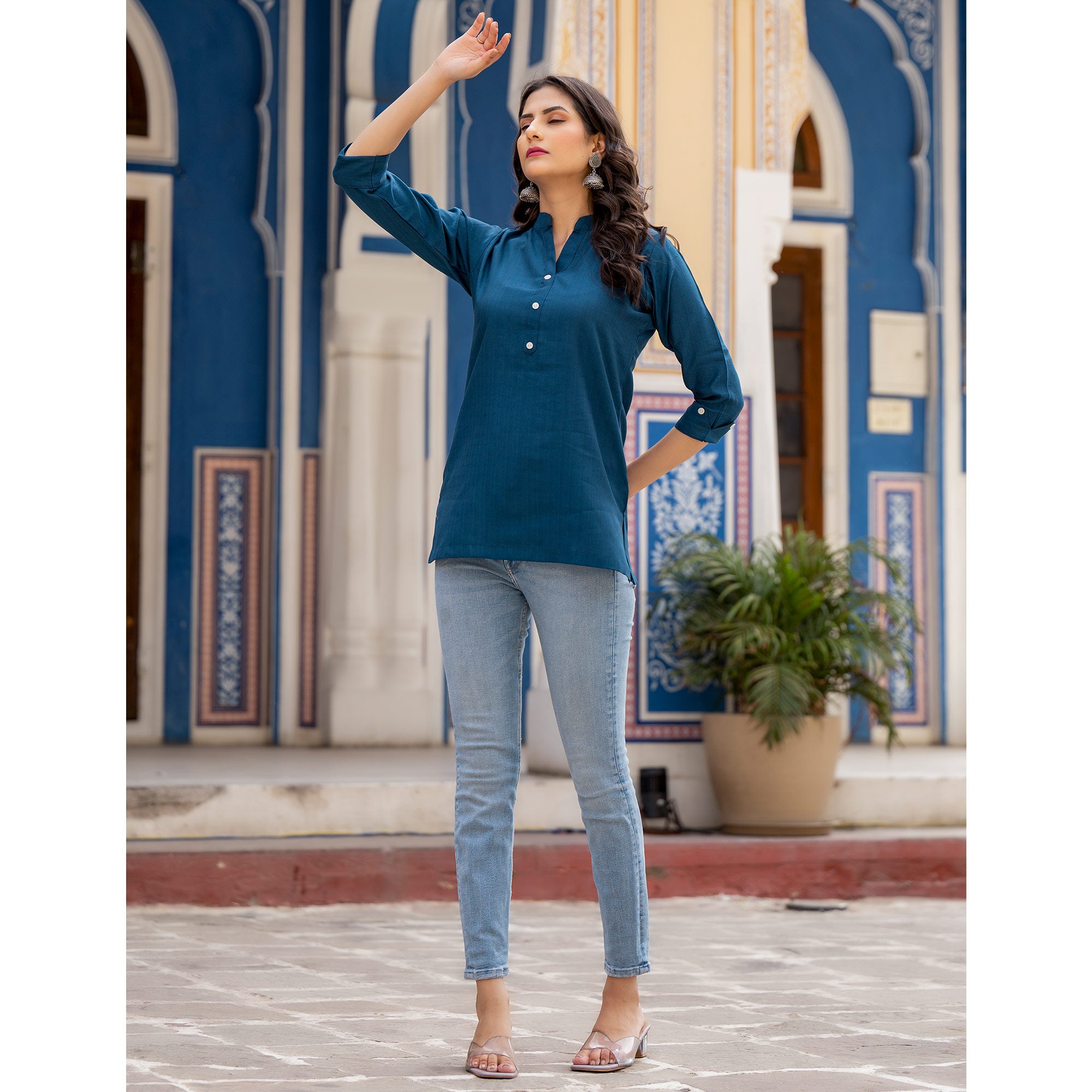 Blue Solid Cotton Silk Straight Top
