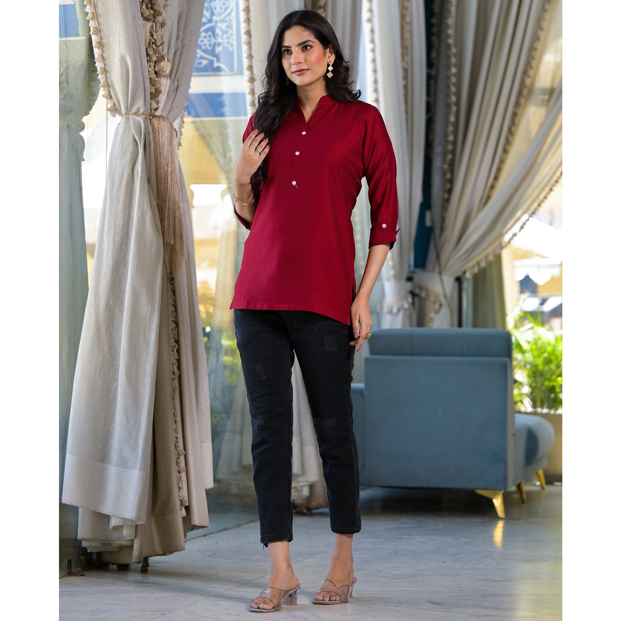 Maroon Solid Cotton Silk Straight Top