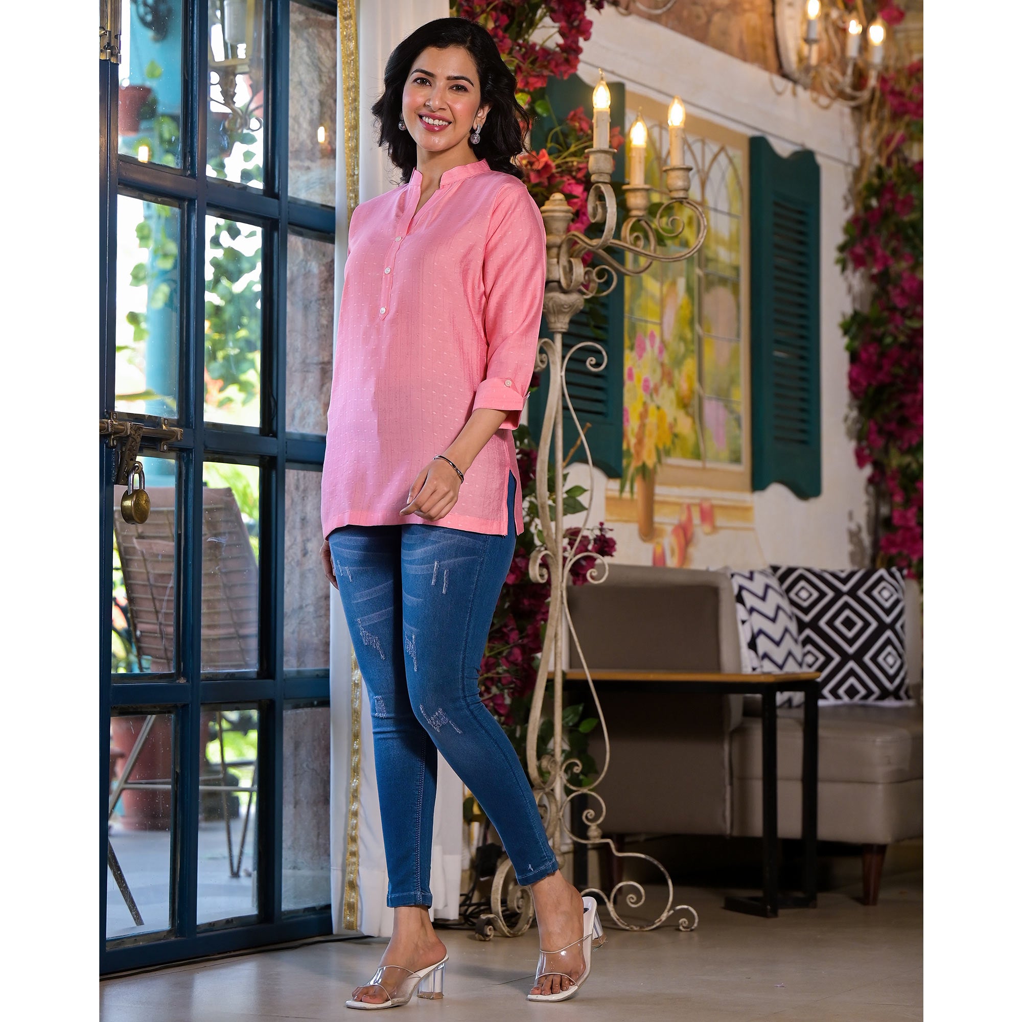 Pink Solid Cotton Silk Straight Top