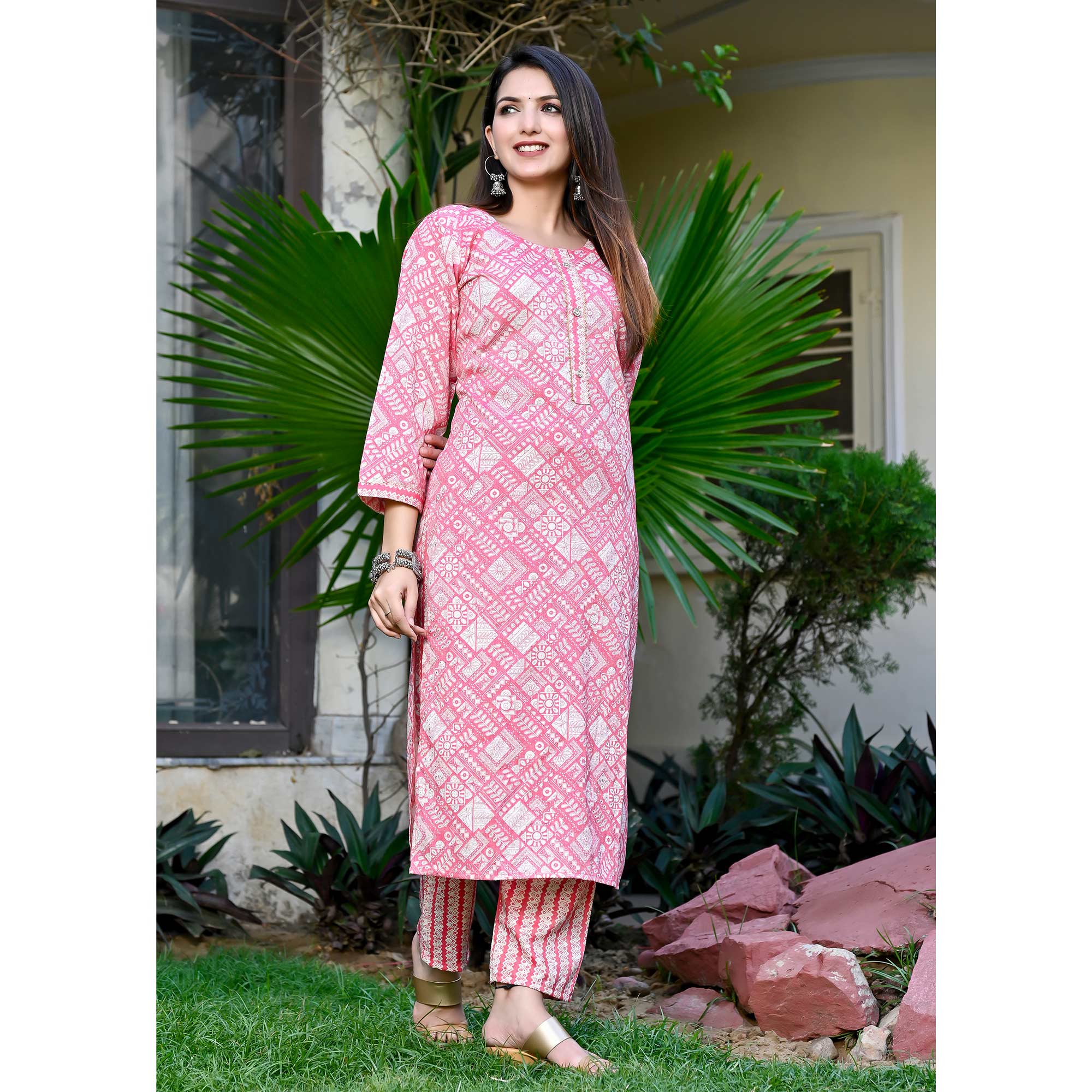 Pink Floral Printed Rayon Salwar Suit