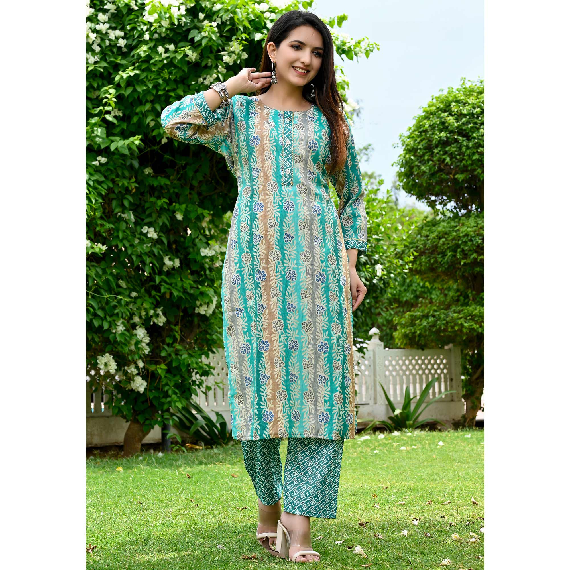 Turquoise Floral Printed Rayon Salwar Suit