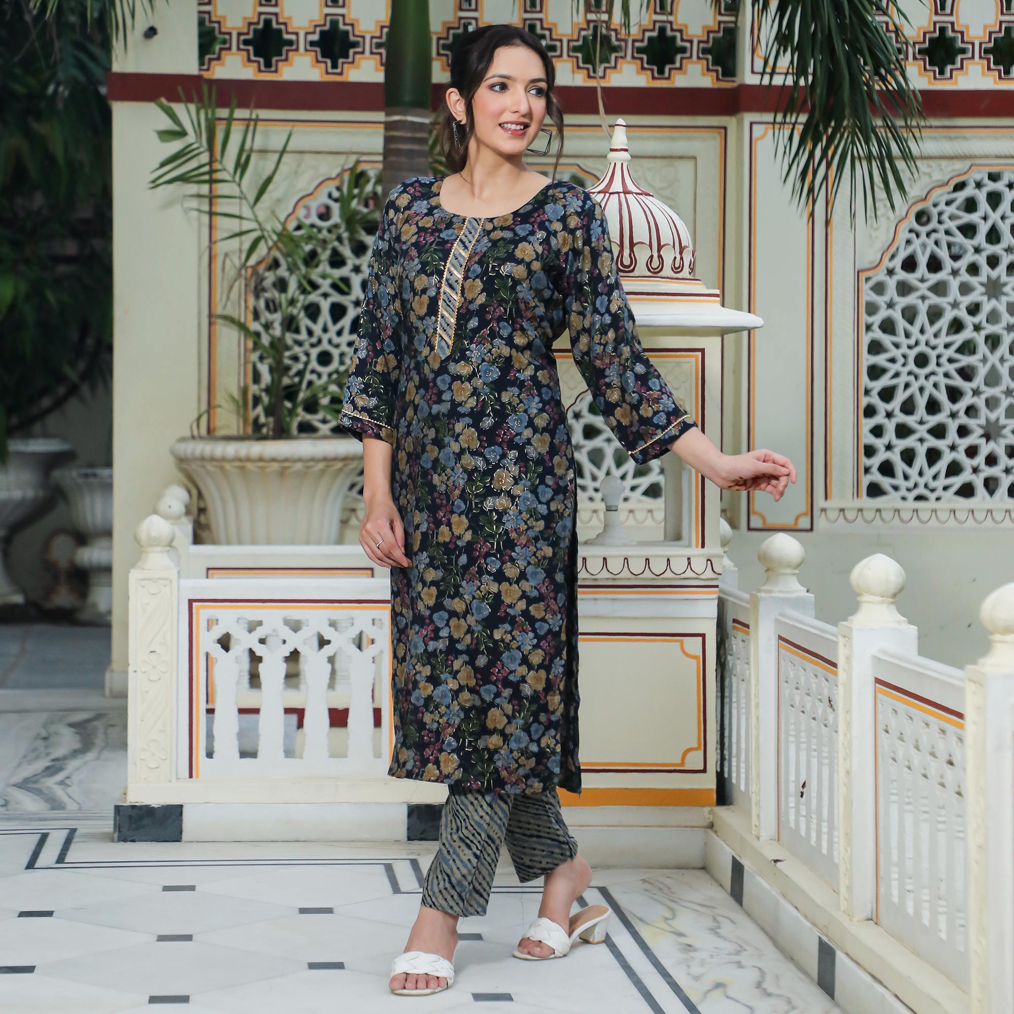 Navy Blue Foil Printed Rayon Suit