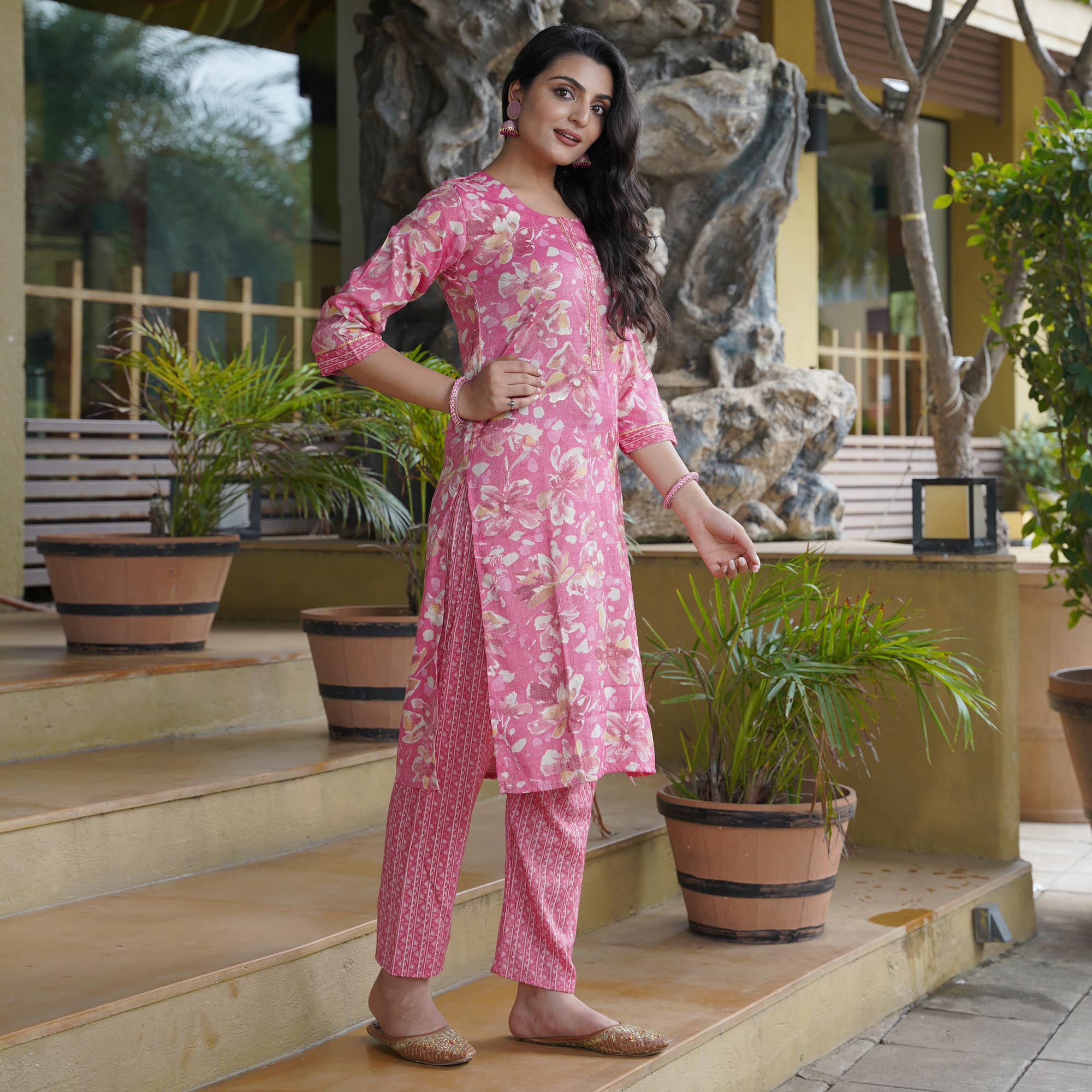 Pink Foil Printed Rayon Suit