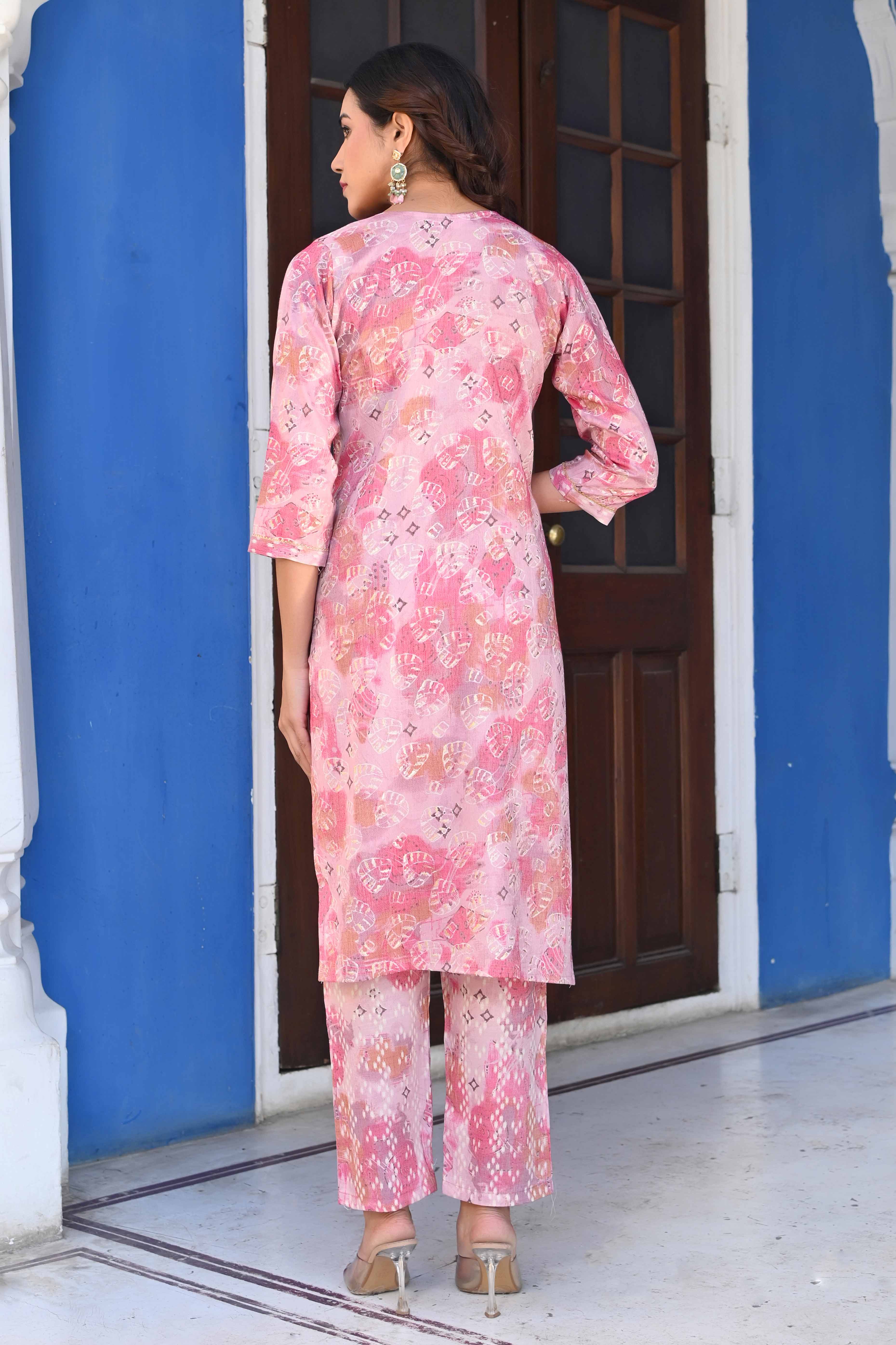 Baby Pink Floral Foil Printed Rayon Salwar Suit