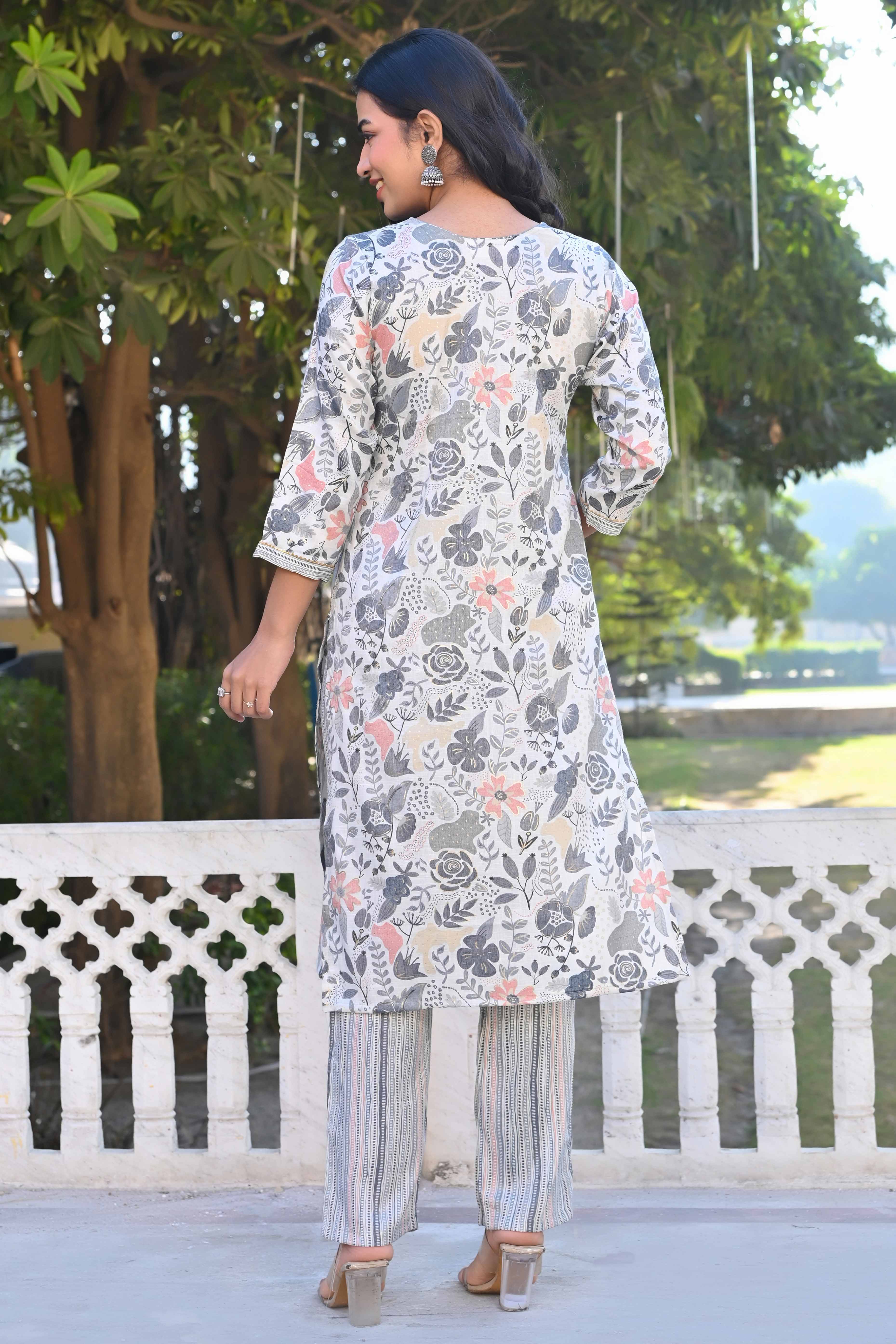 Off White Floral Foil Printed Rayon Salwar Suit