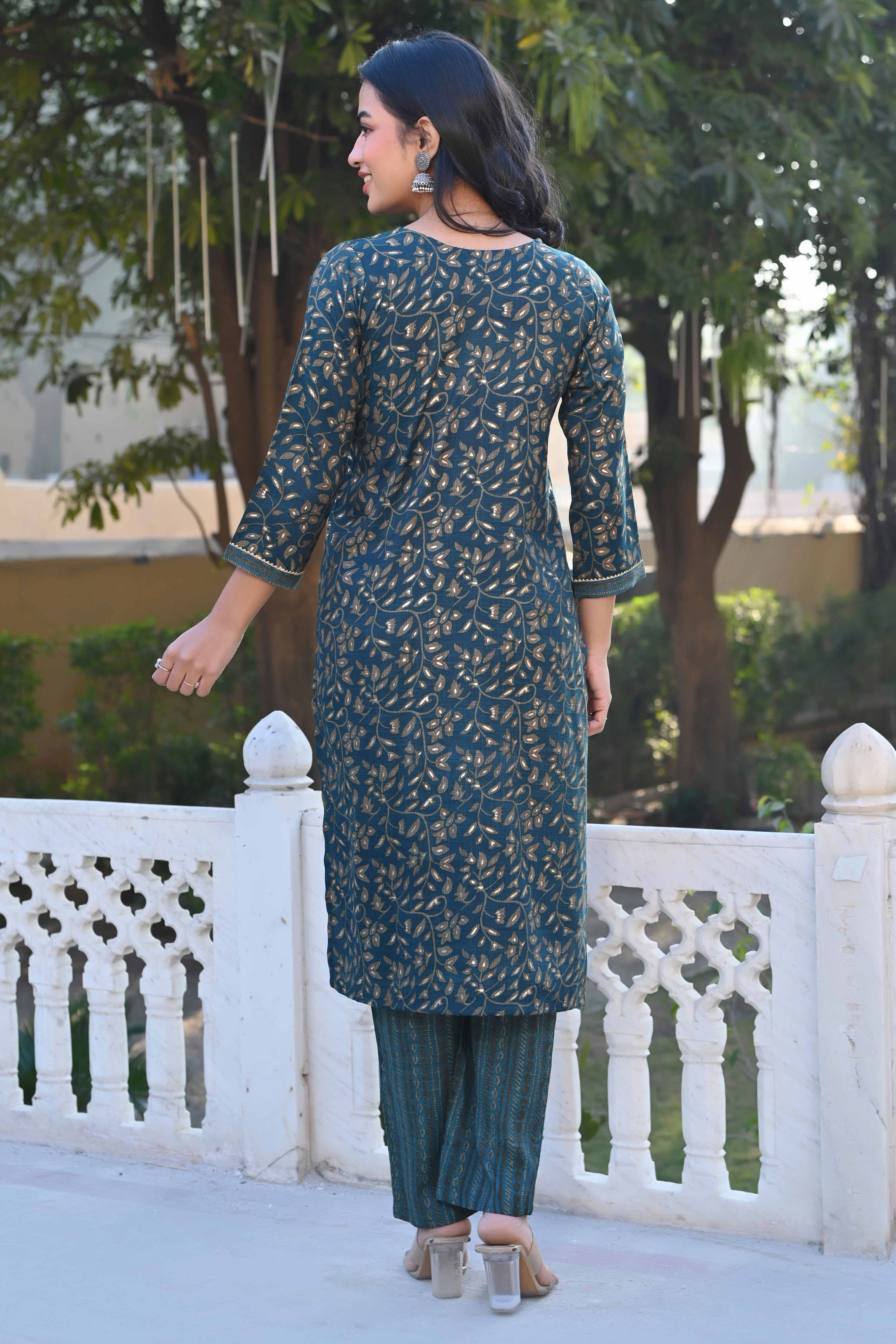 Morpich Blue Floral Foil Printed Rayon Salwar Suit