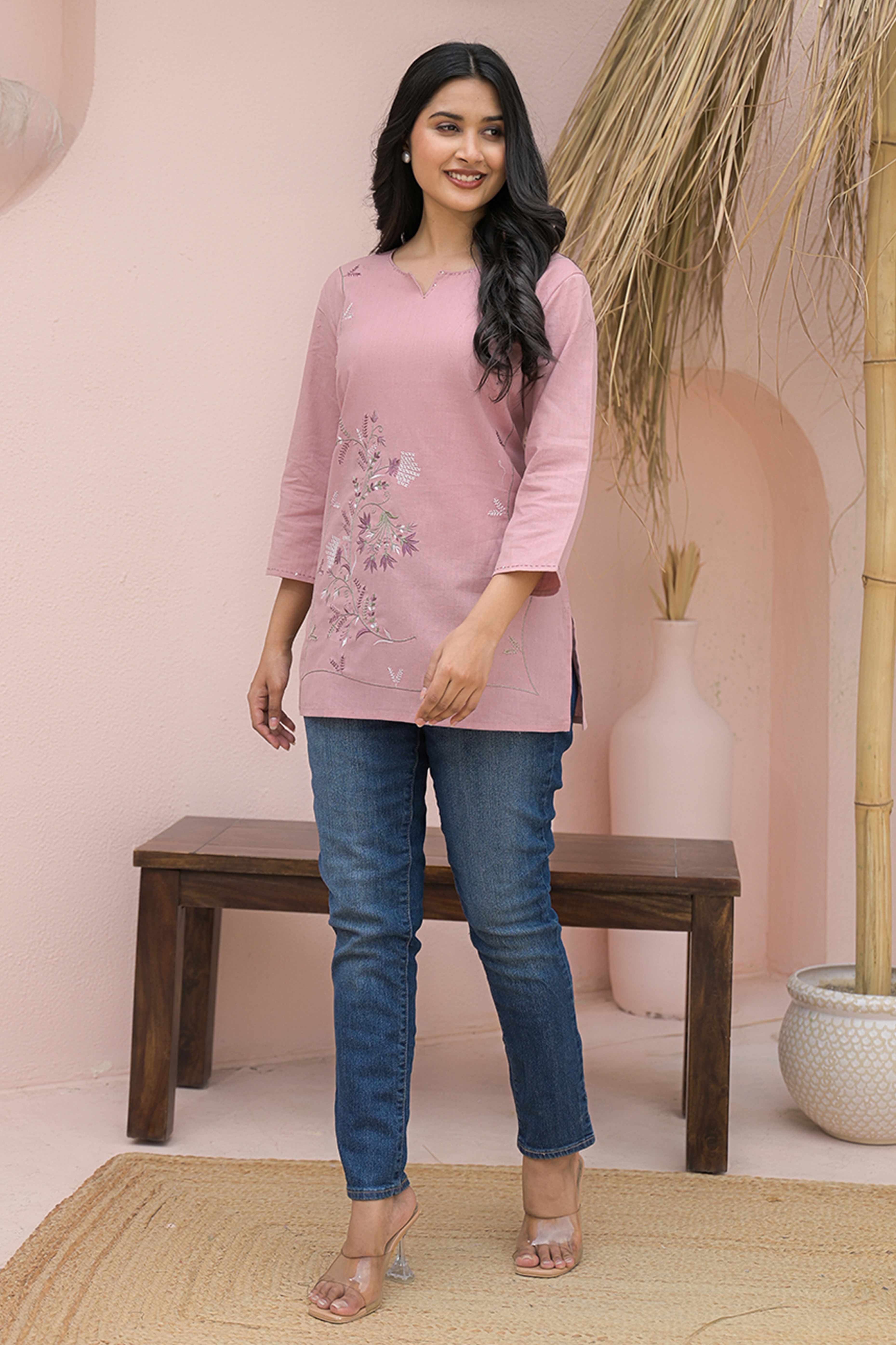 Peach Straight Fit Cotton Top with Intricate Floral Embroidery