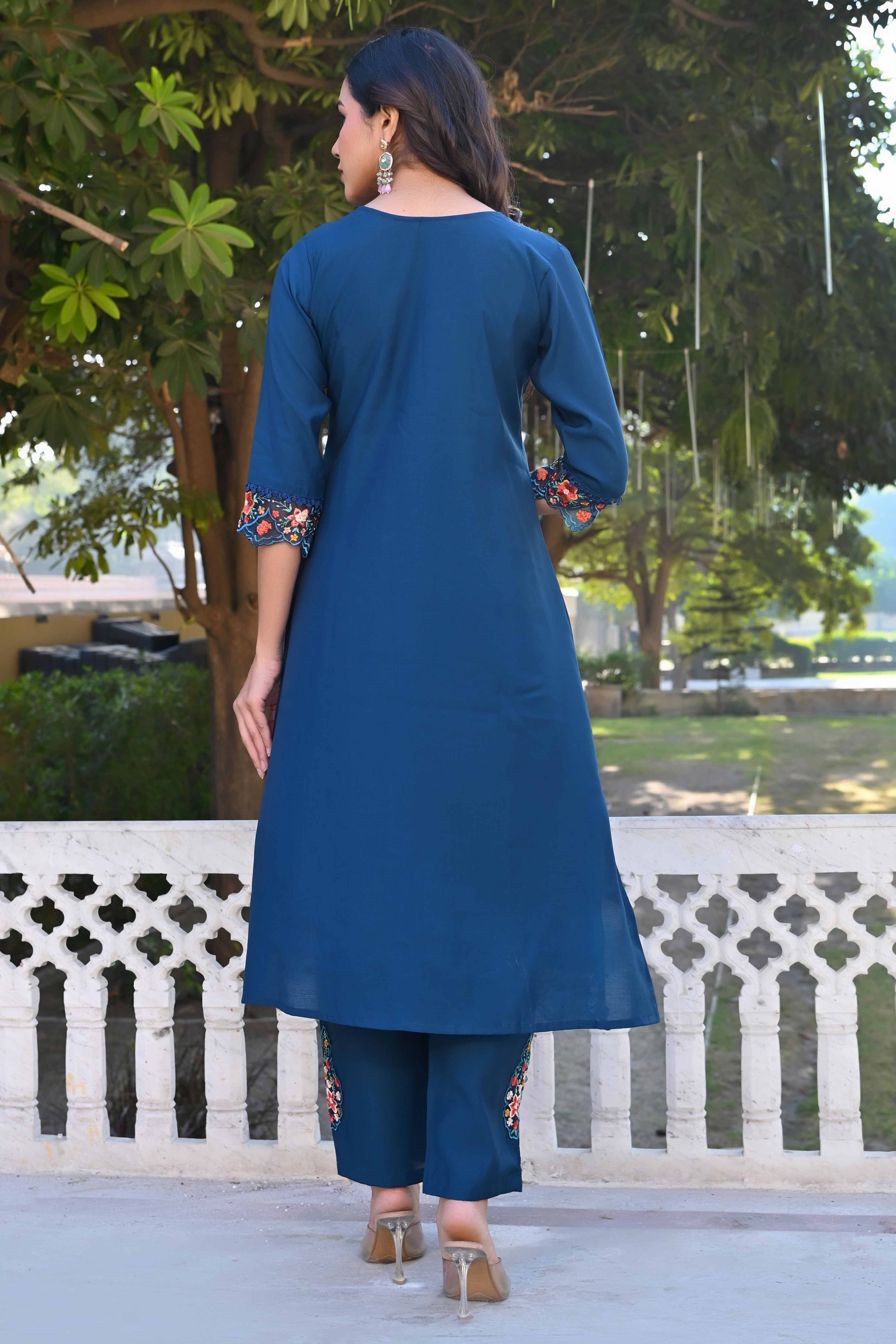 Navy Blue Floral Embroidery Handwork Viscose Salwar Suit