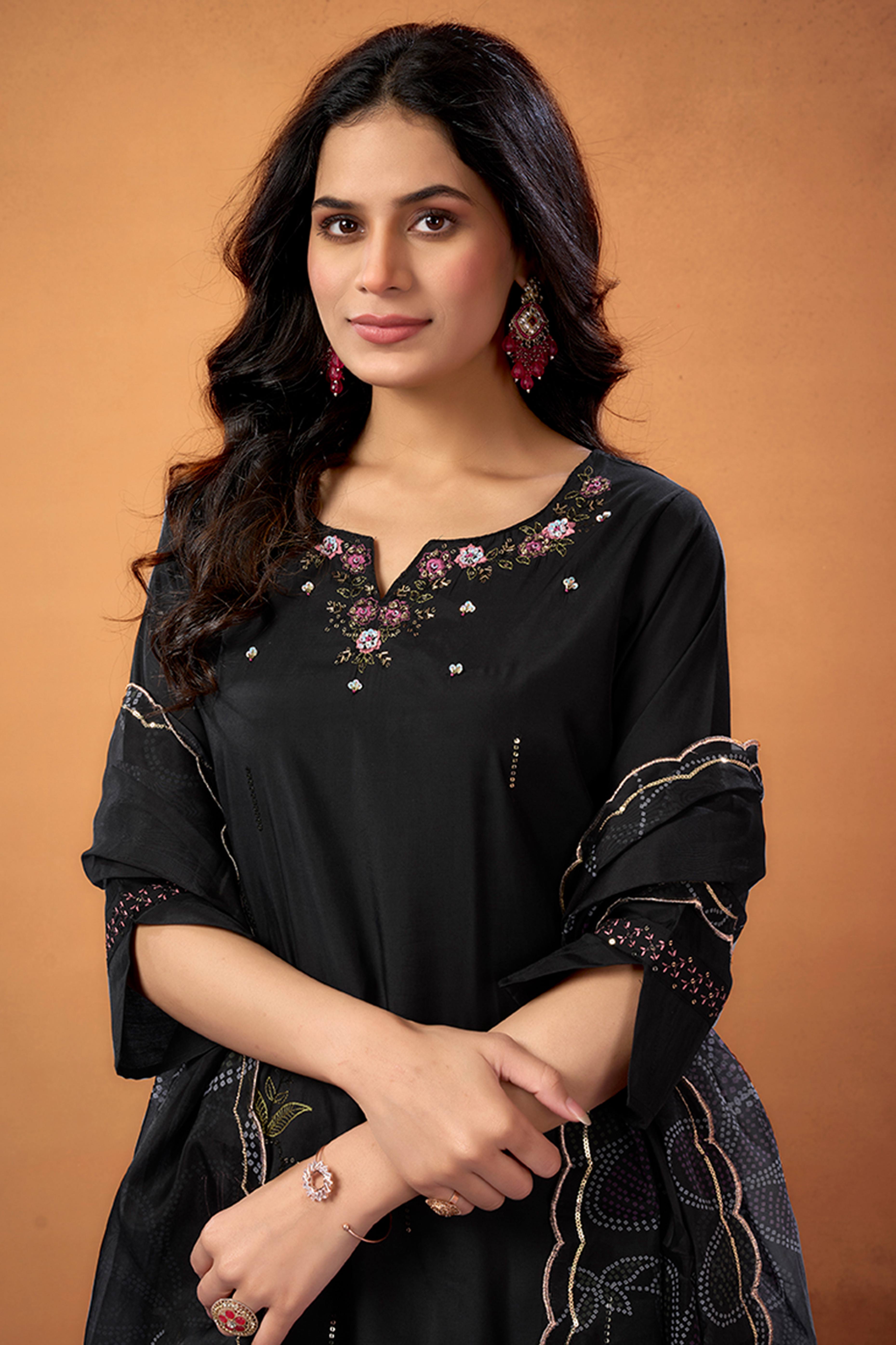 Black Sequins Embroidered Chanderi Silk Straight Salwar Suit