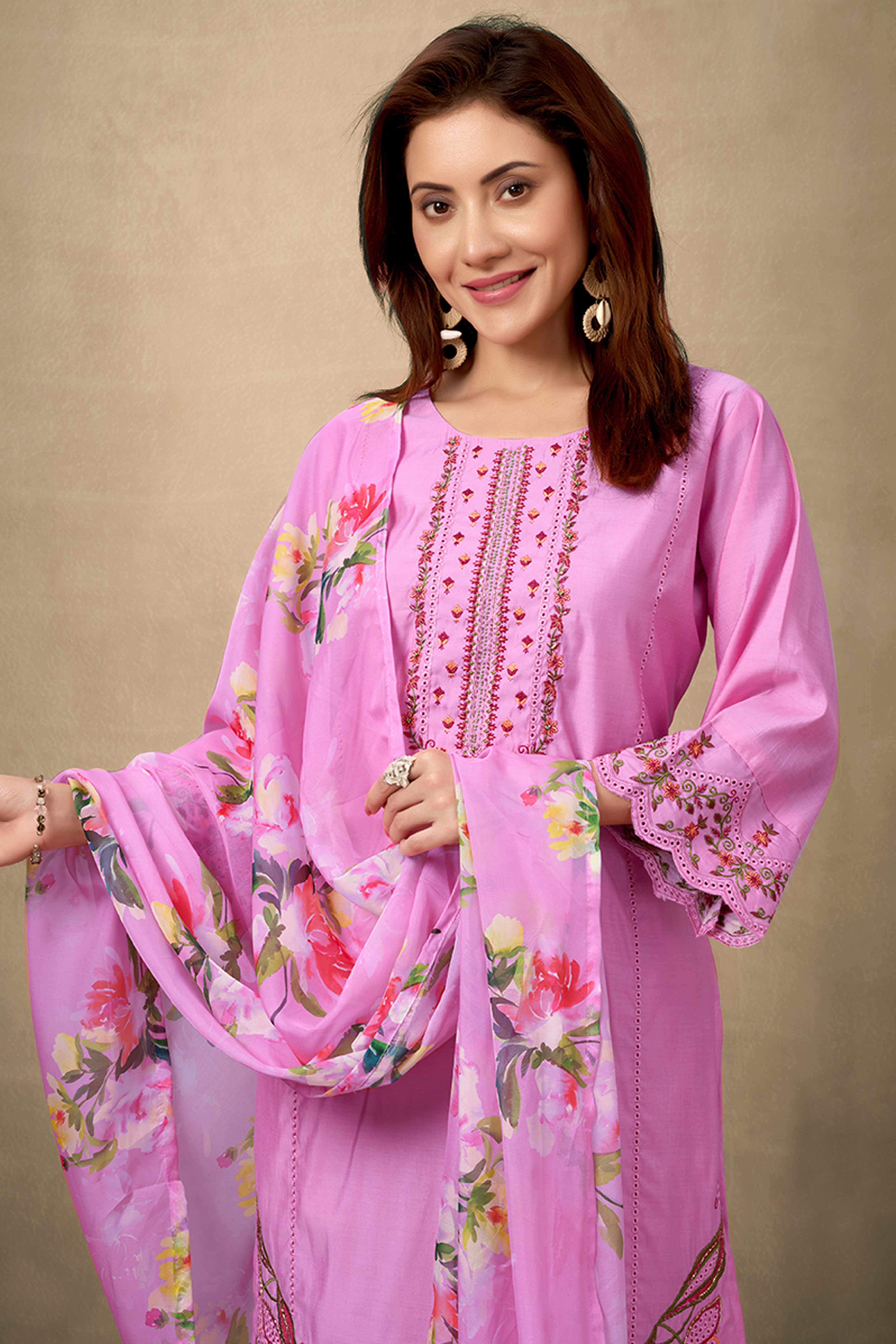 Pink Floral Embroidered Straight Salwar Suit Made of Chanderi Silk.