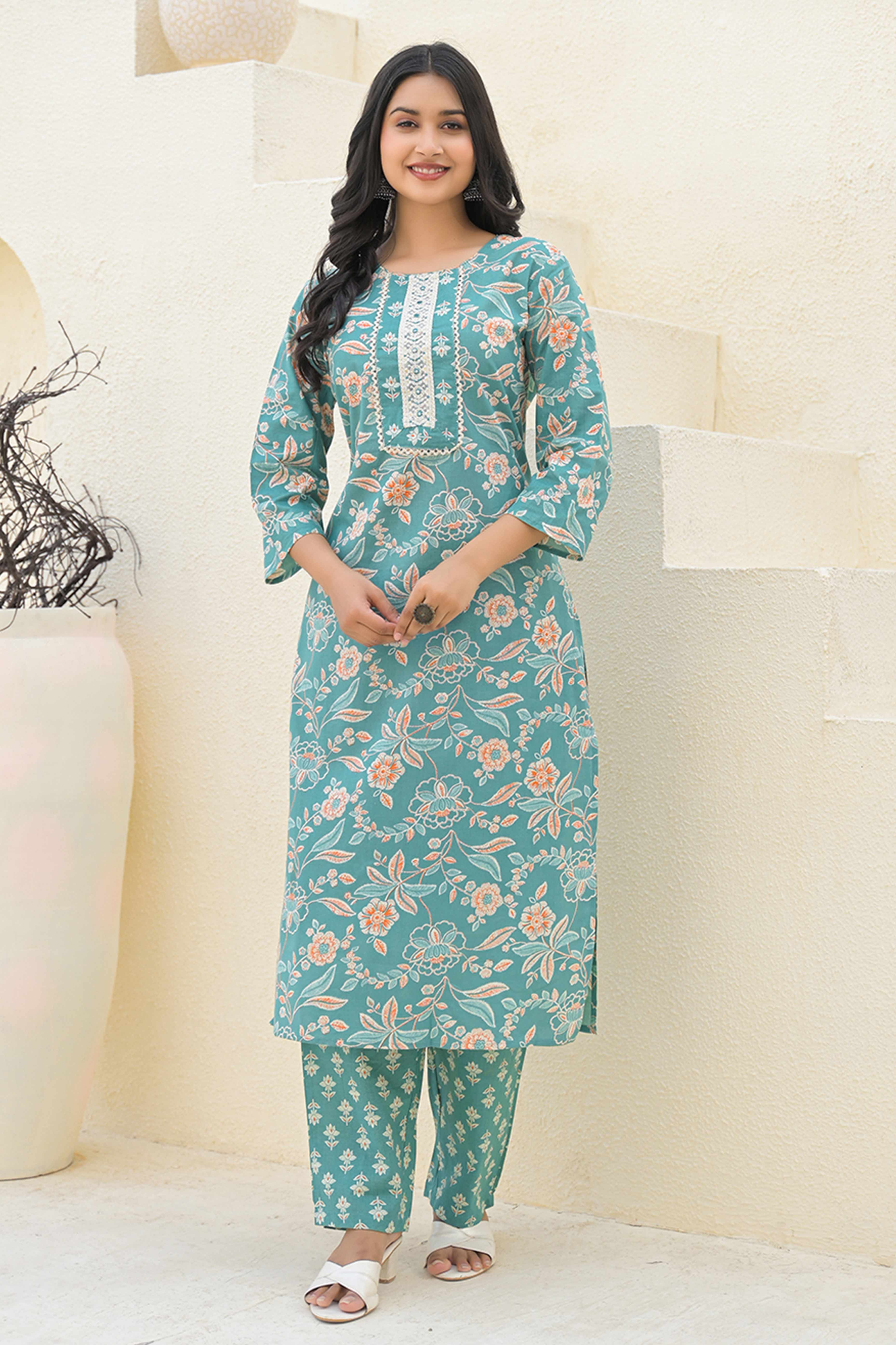 Sea Green Floral Printed With Embroidery Work Cotton Blend Straight Salwar Suit