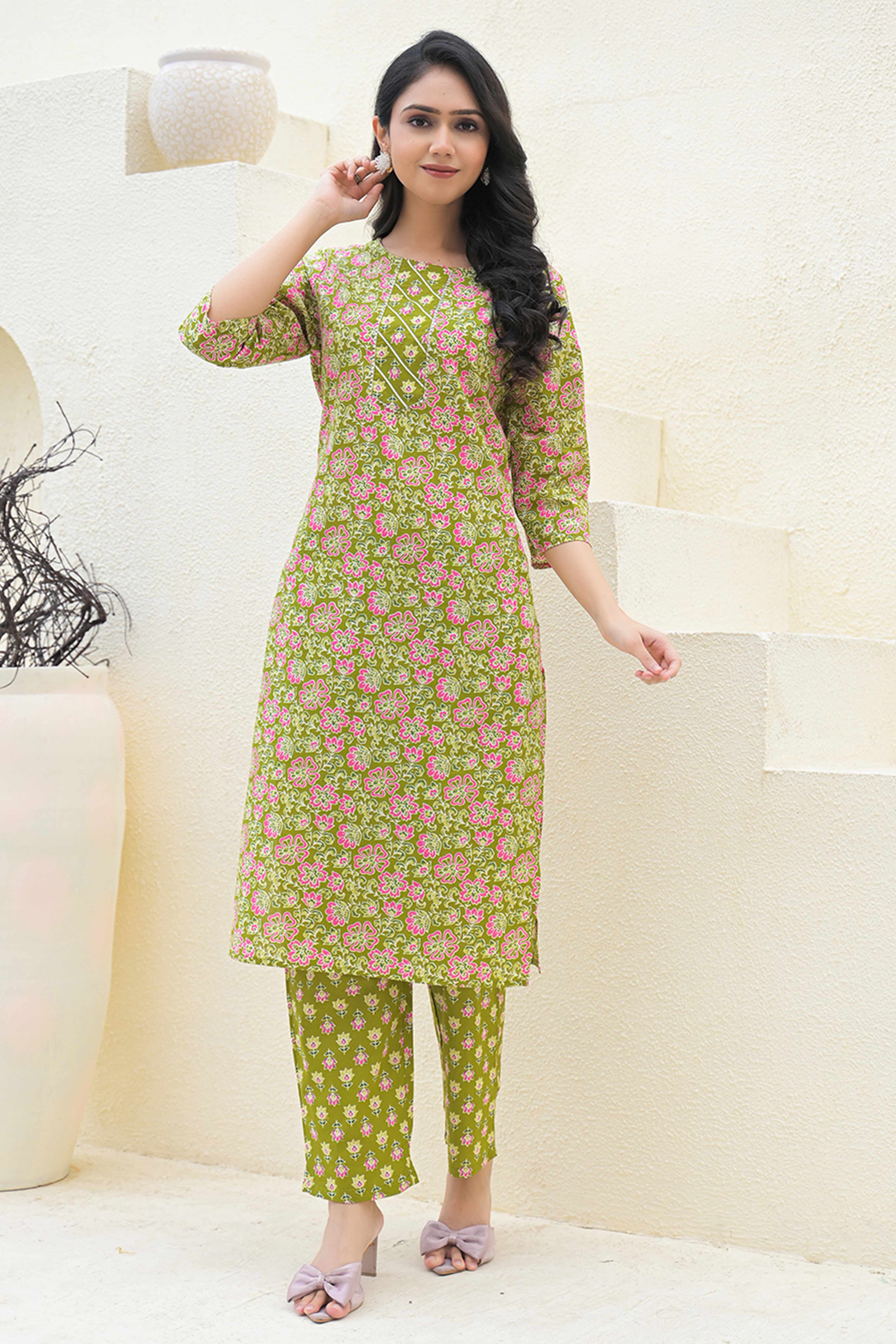 Olive Floral Printed Pure Cotton Suit in a Straight Silhouette for Everyday Ease