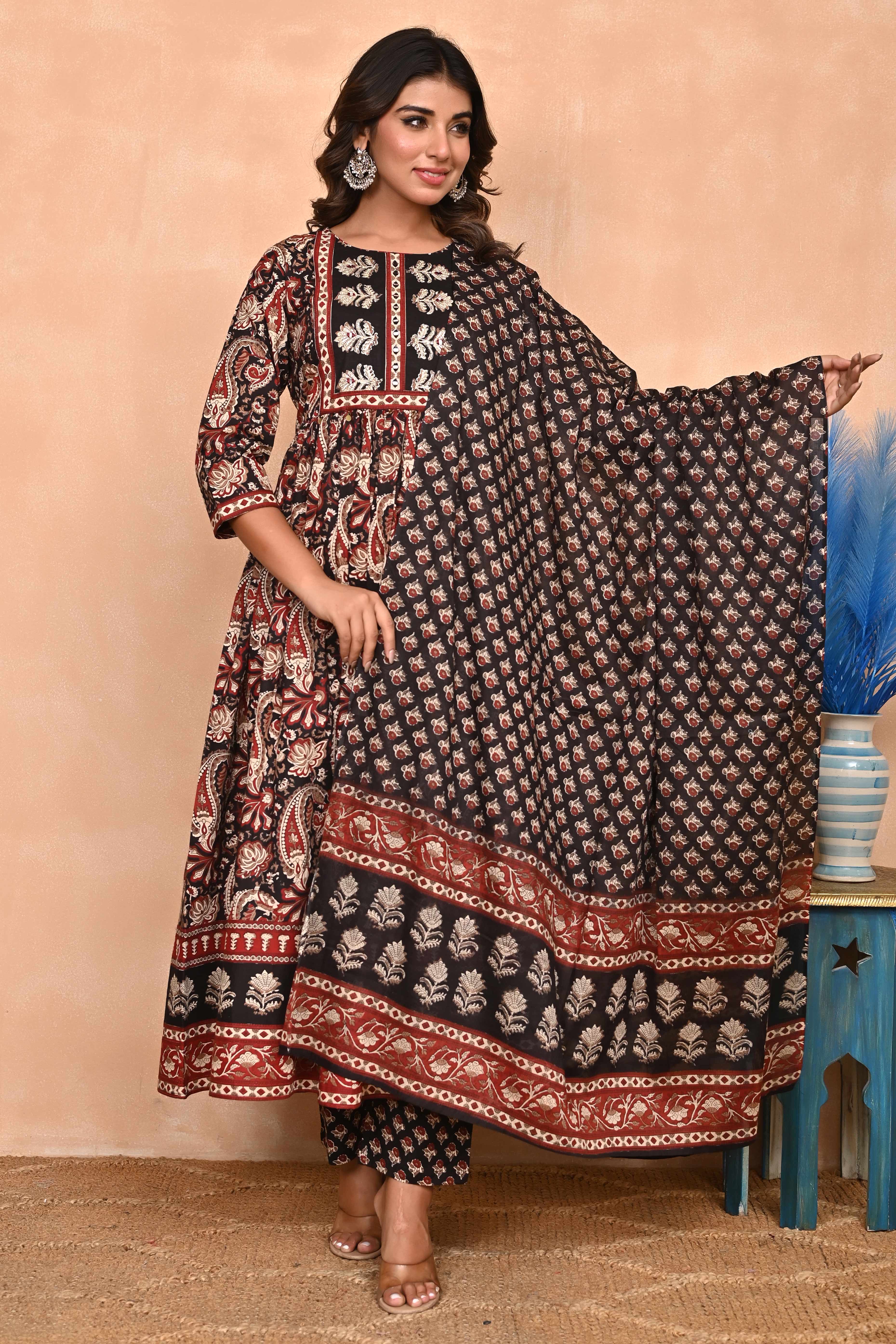 Regal Black Paisley Anarkali Suit in Breathable Cotton Fabric for Effortless Style