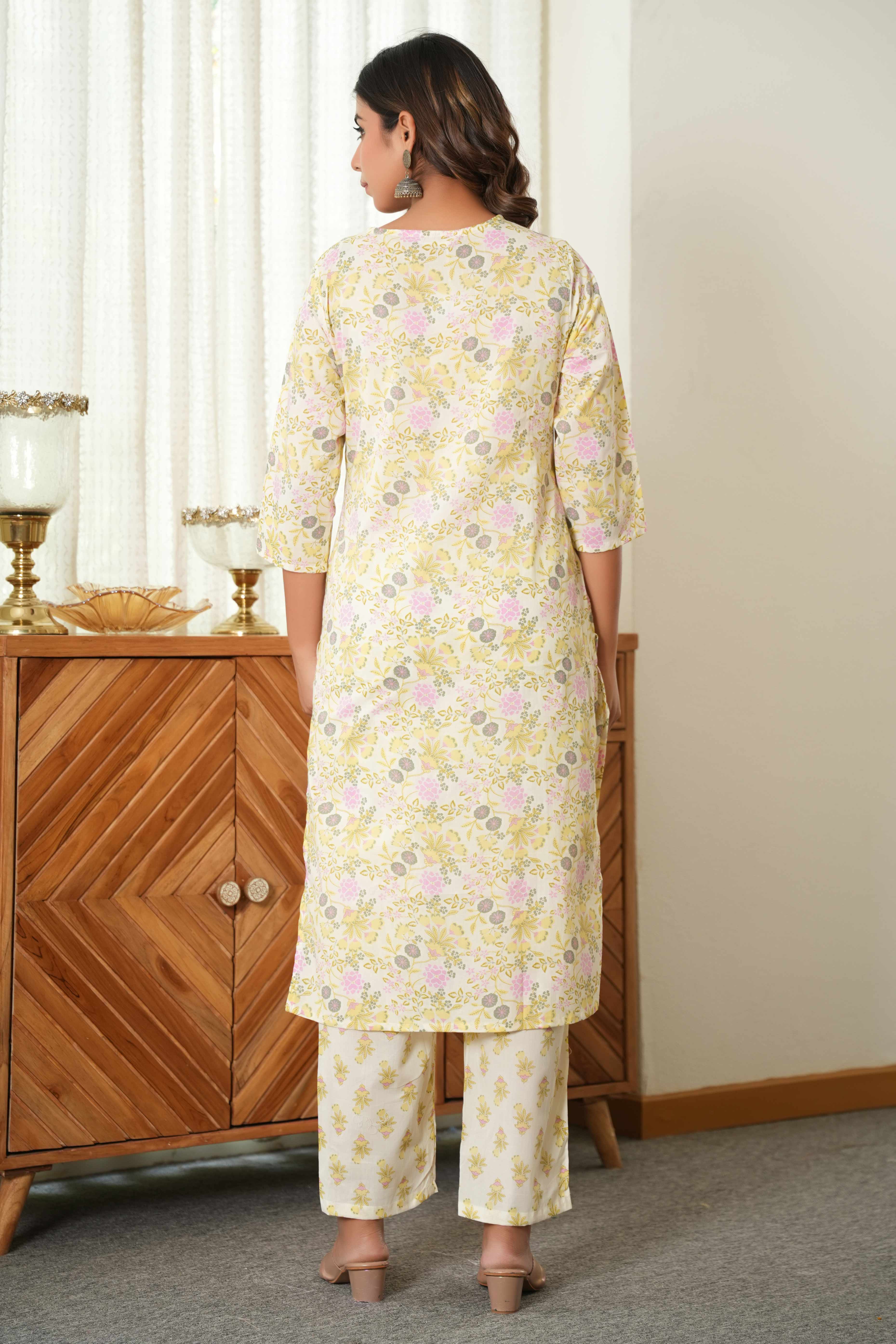 White & Green Floral Printed Pure Cotton Straight Salwar Suit for Every Occasion