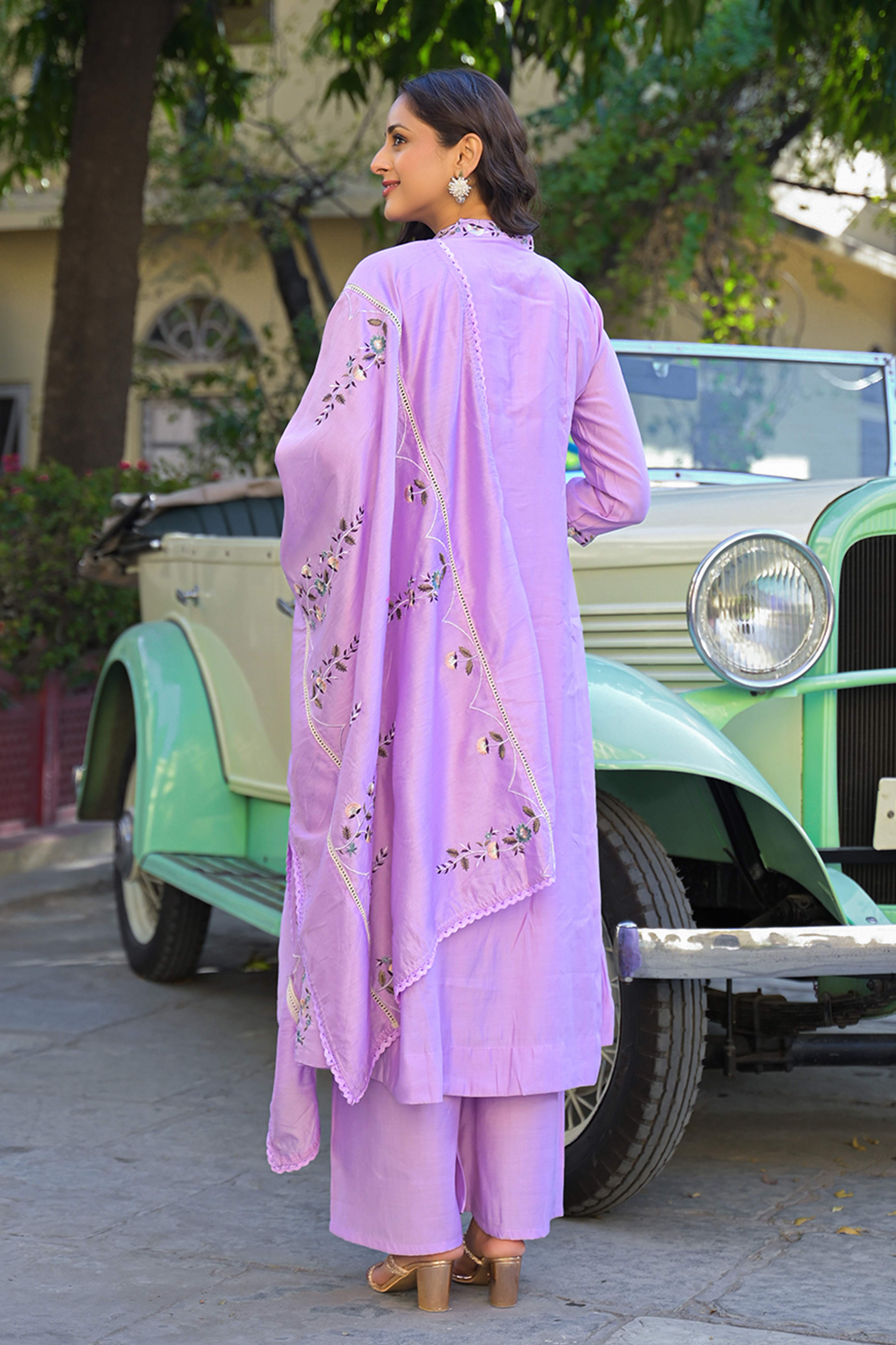 Light Purple Floral Embroidered Chanderi A-Line Salwar Suit