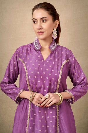Lavender Silk Blend A-Line Top Bottom Set With Zari Weaving And Stone Work