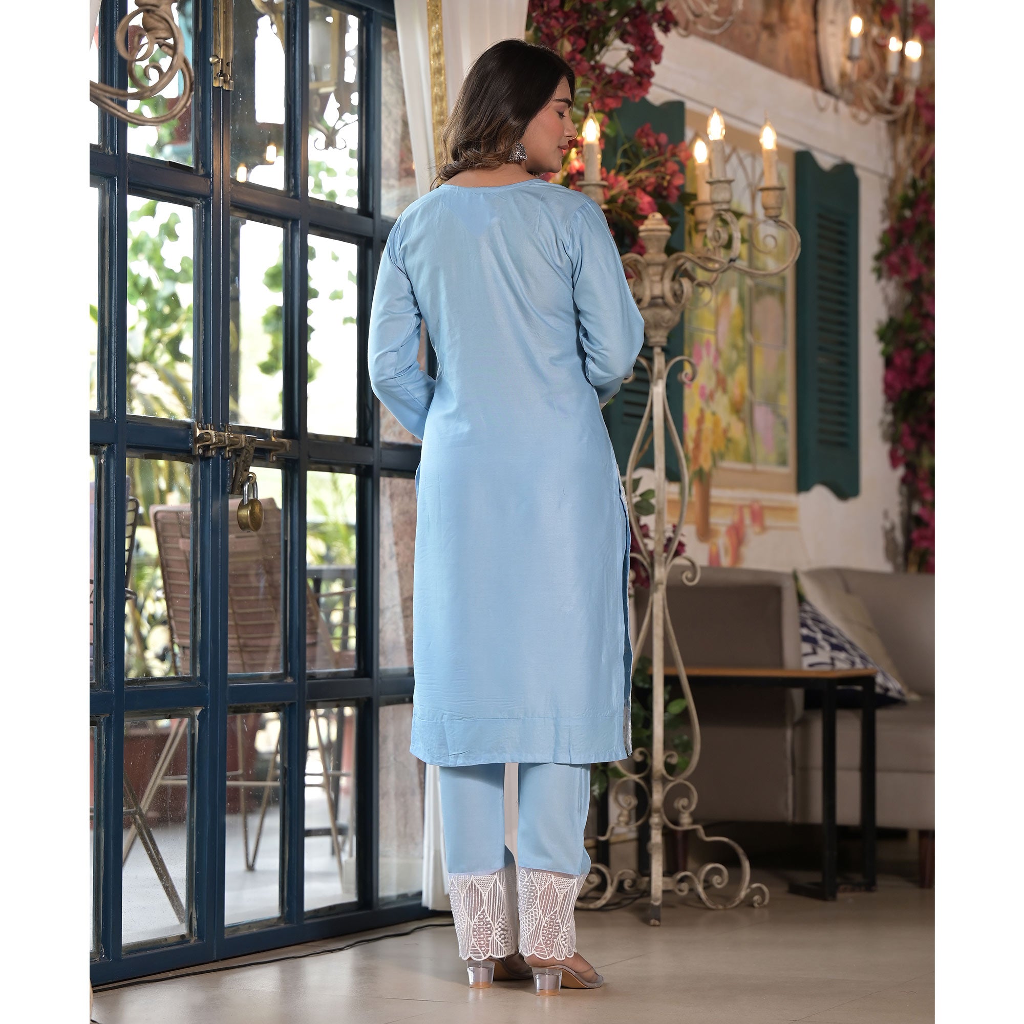 Blue Embroidered Rayon Straight Kurti Sets