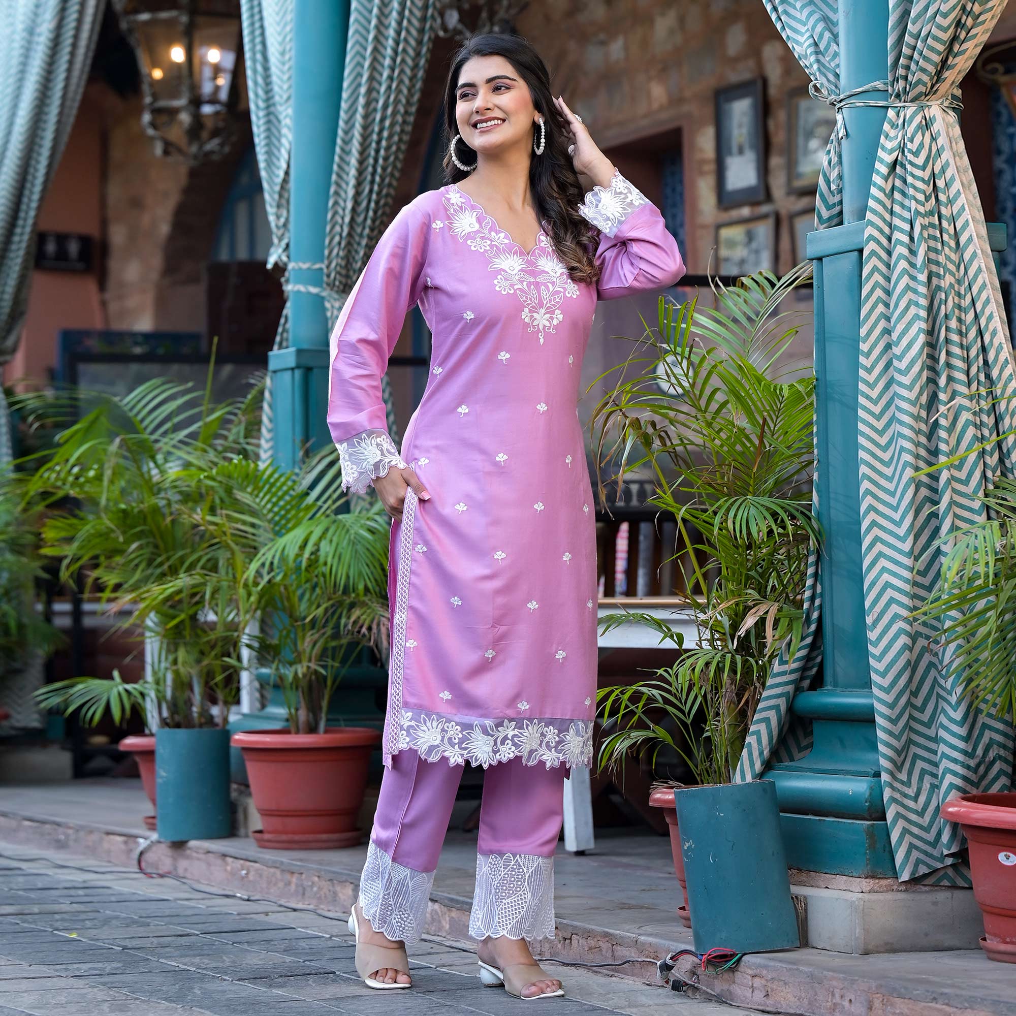 Pink Embroidered Rayon Straight Kurti Sets
