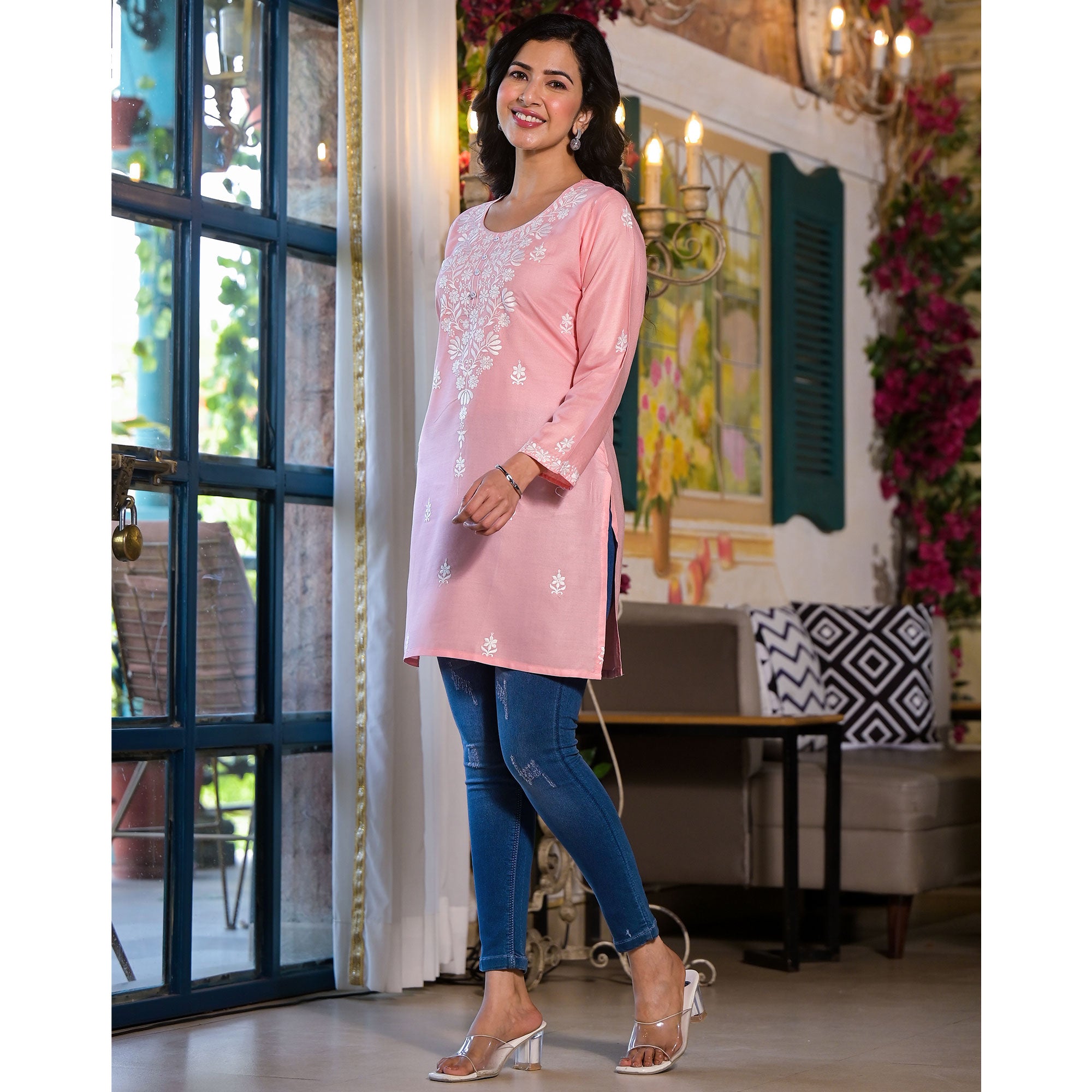 Peach Embroidered Rayon Straight Top