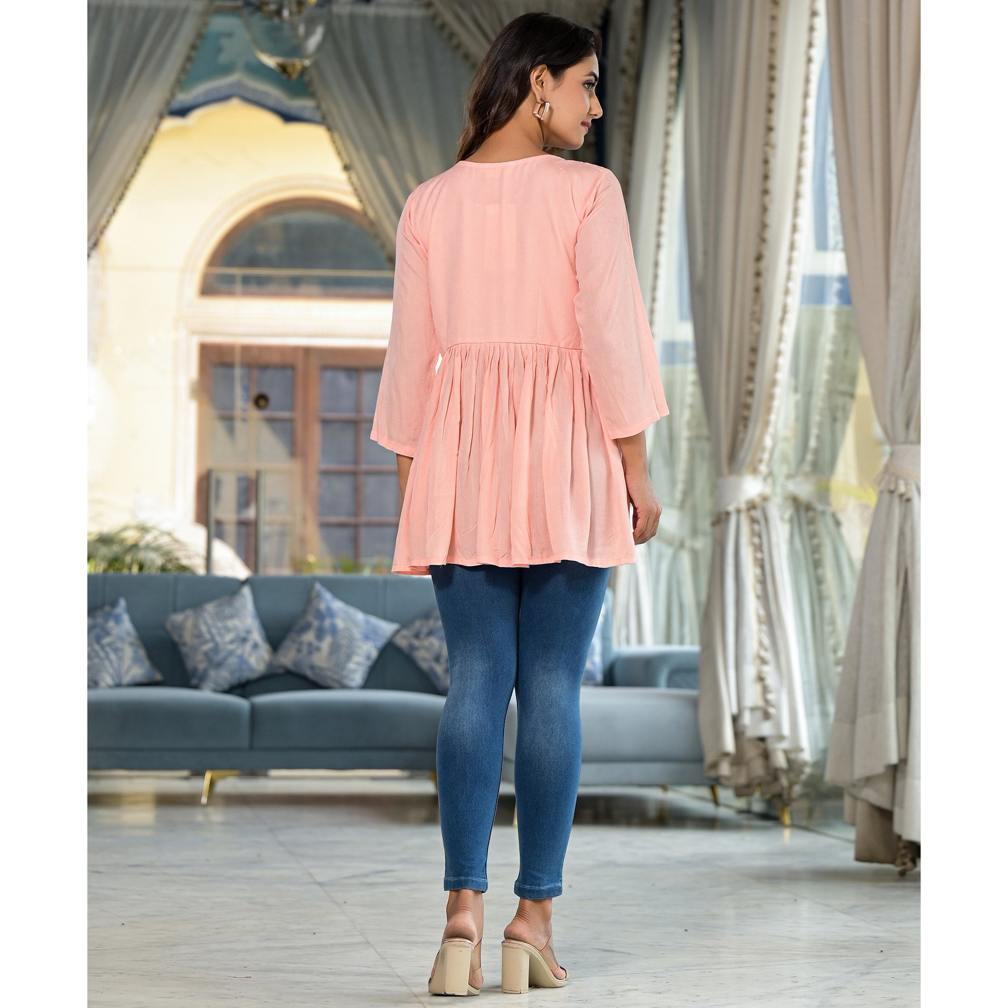 Peach Yoke Embroidered Rayon A-Line Top