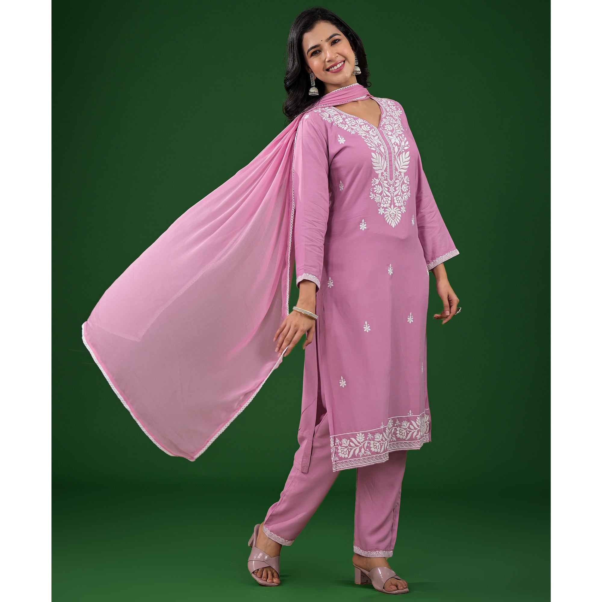 Pink Floral Embroidered Rayon Salwar Suit