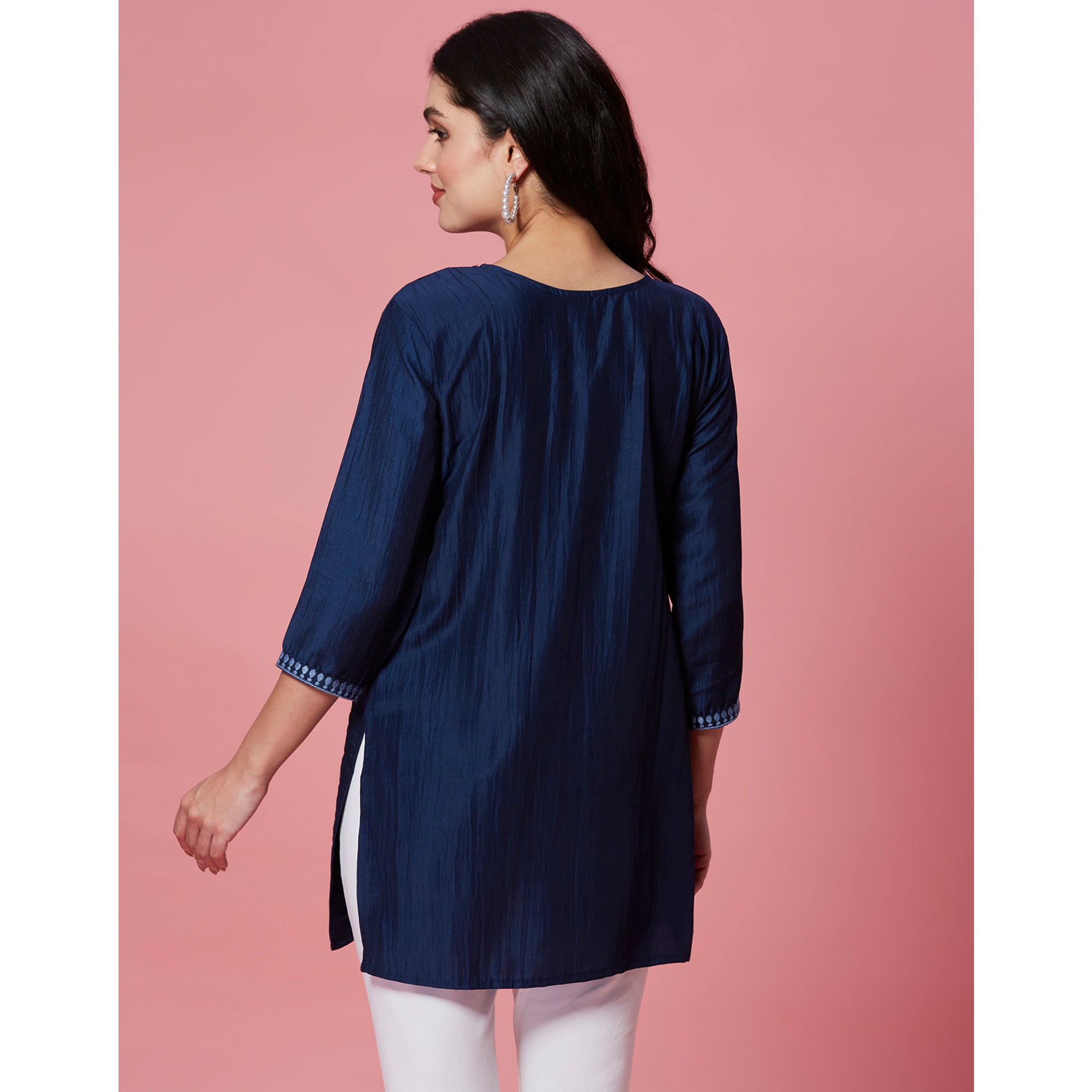 Dark Blue Embroidered Cotton Blend Top